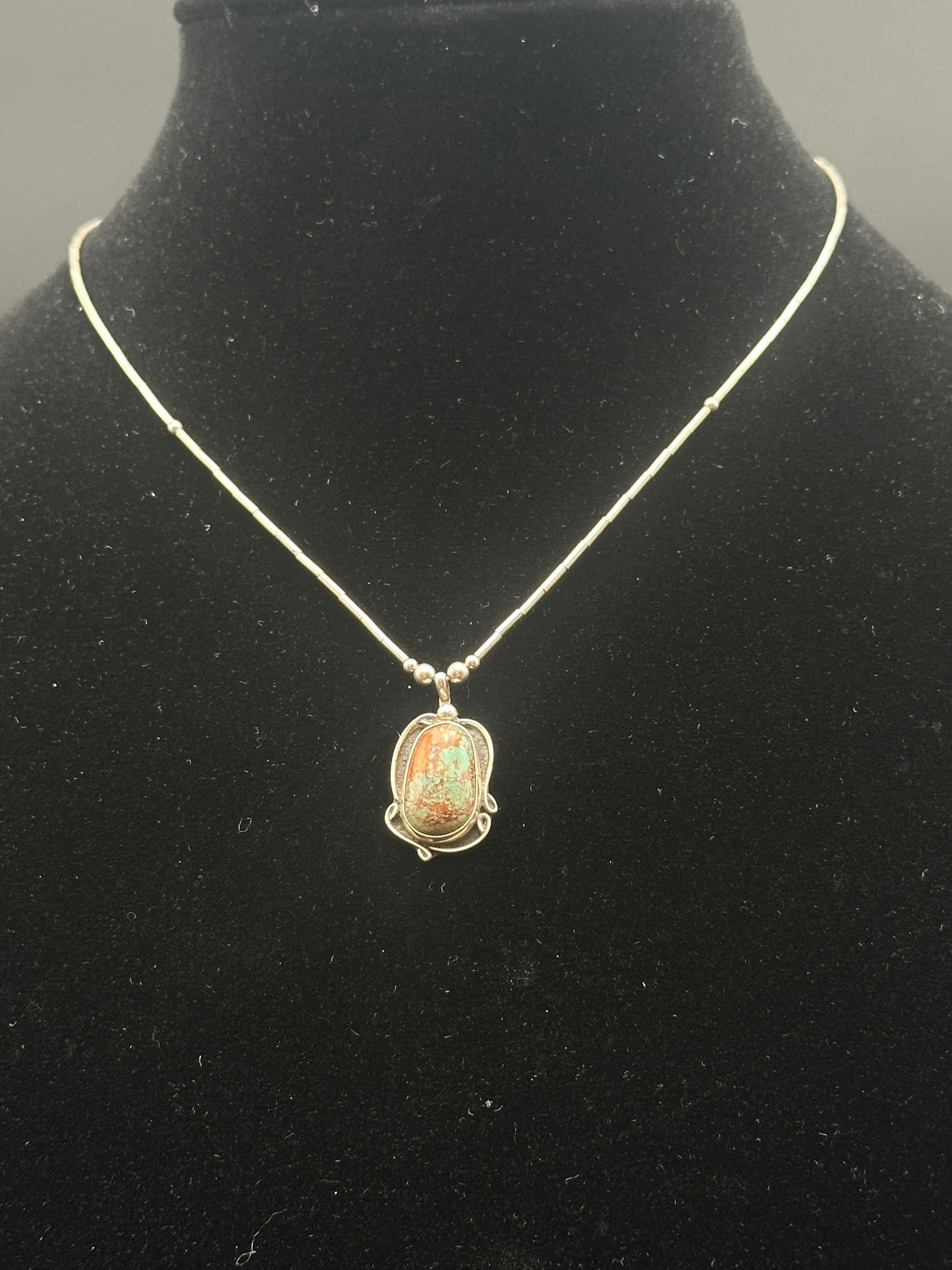 Sterling Silver Beaded Necklace w/ Oval Turquoise Pendant (1 of 7)