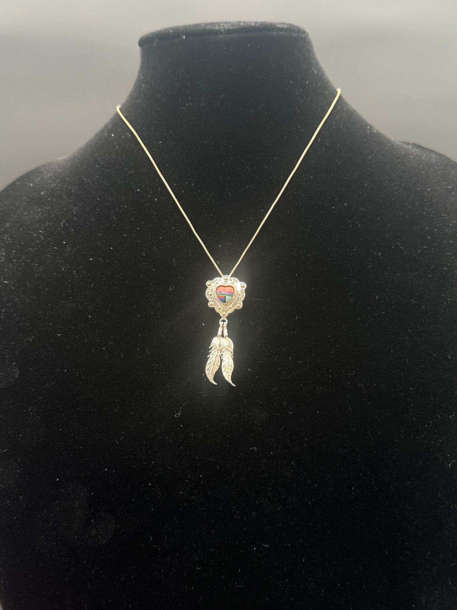 Sterling Silver Necklace w/ Multi-Stone Inlay Heart & Feather Pendant (1 of 7)