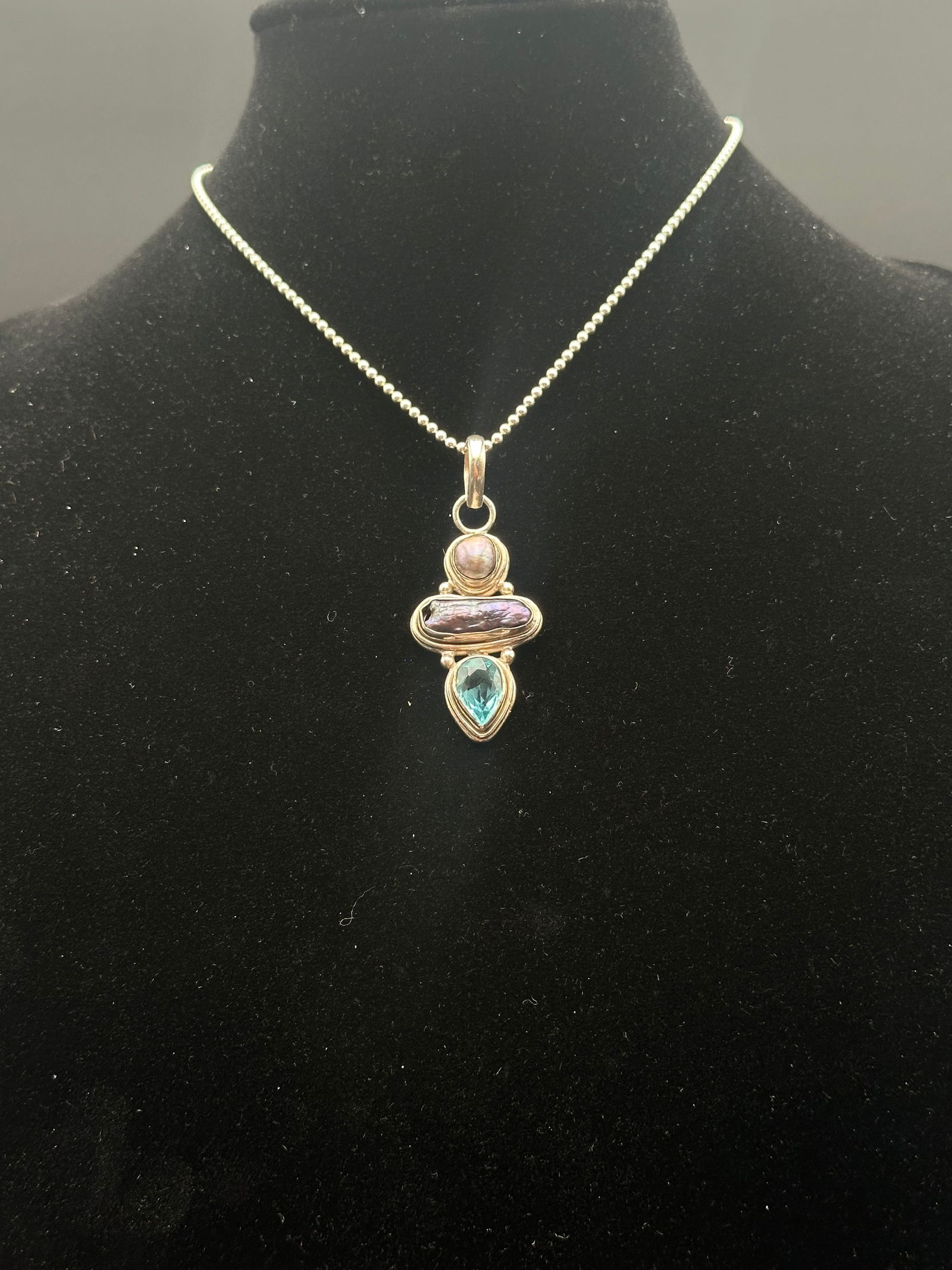 Sterling Silver Necklace w/ Pearl & Blue Topaz Pendant (1 of 8)