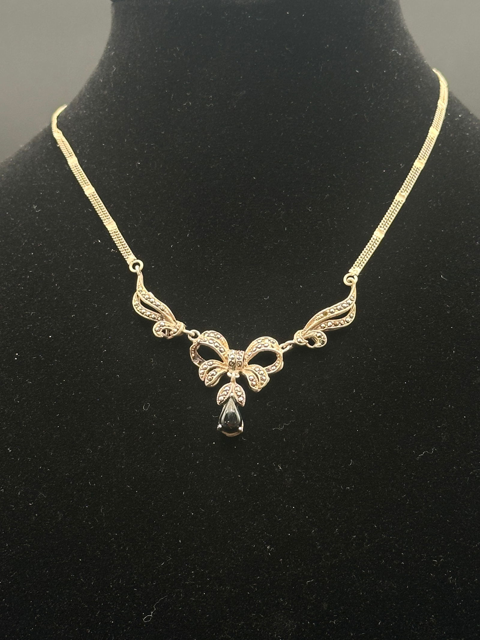 Sterling Silver Marcasite Necklace w/ Bow Motif & Onyx Drop (1 of 8)