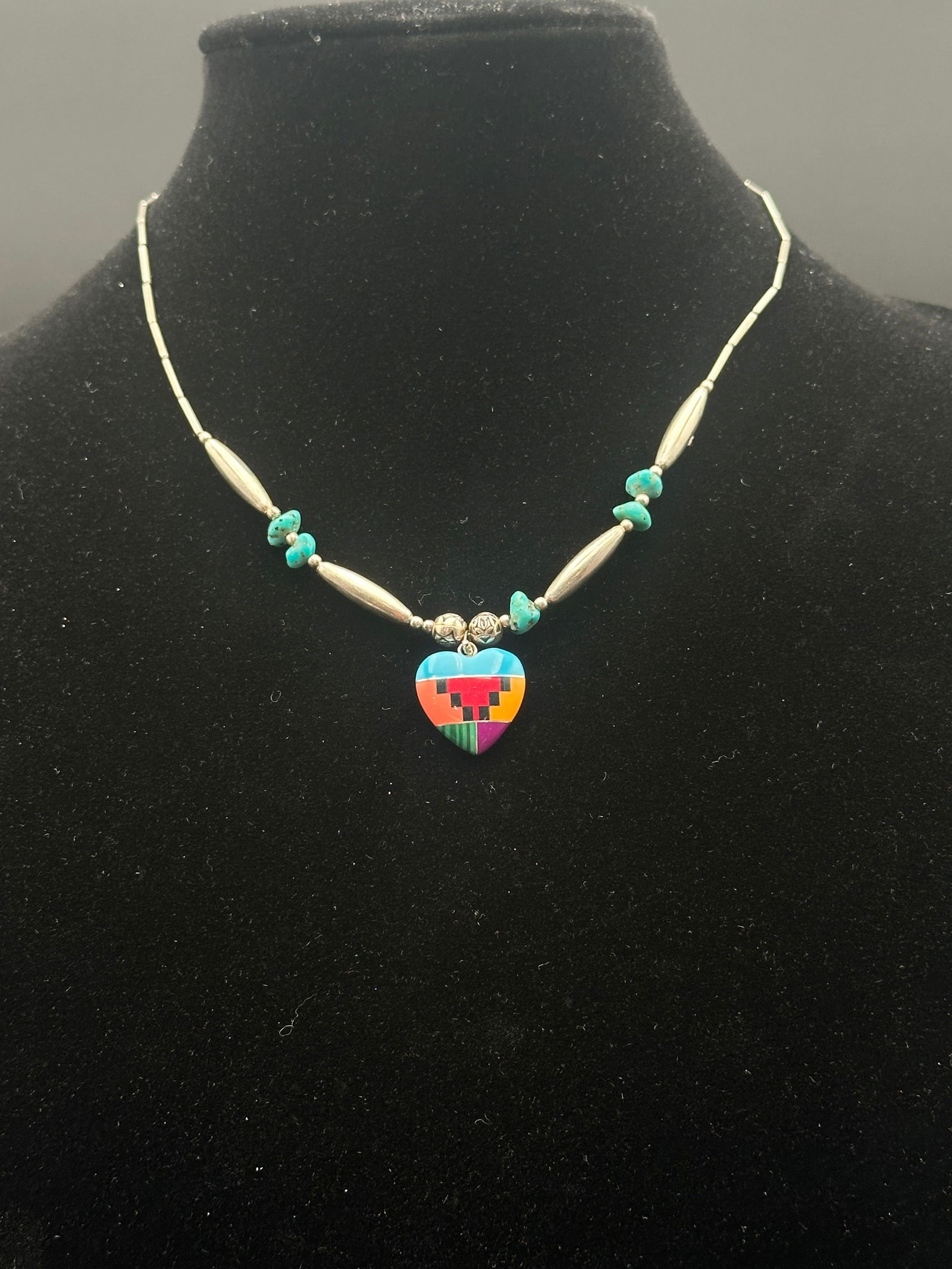 Sterling Silver Beaded Necklace w/ Multi-Stone Inlay Heart Pendant (1 of 7)
