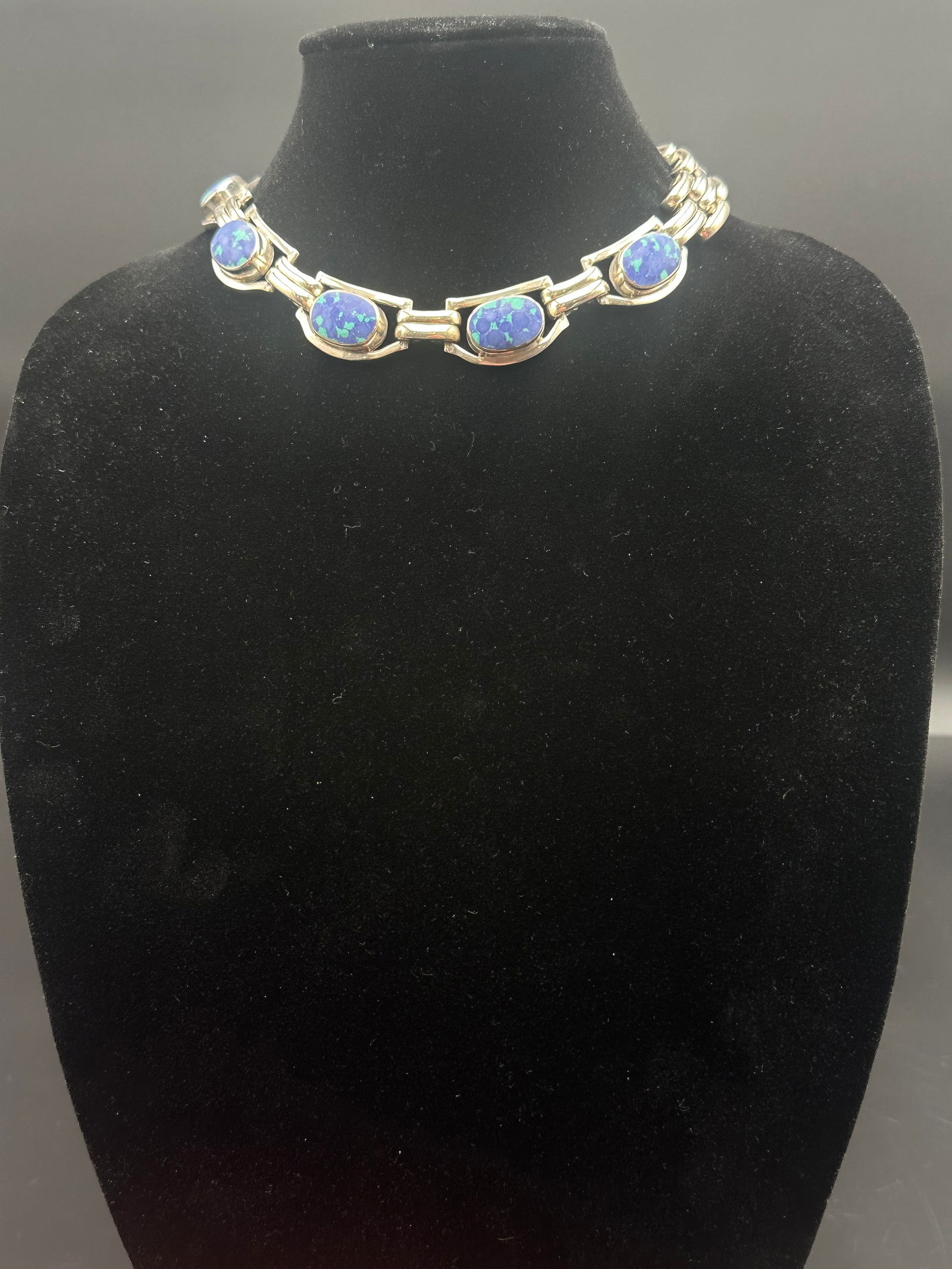 Heavy Mexican Sterling Silver 224g Necklace with Azurite Malachite Inlay – Signed TRII 925 (1 of 8)