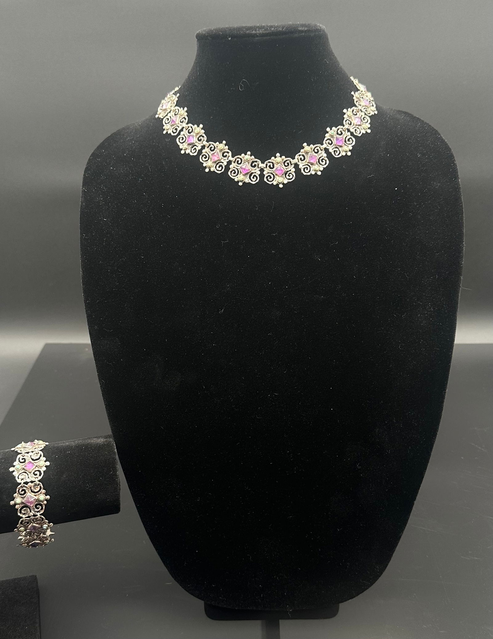 Melesio Rodriguez Mexican Sterling Silver Necklace & Bracelet Set with Amethyst & Turquoise Inlay (1 of 10)