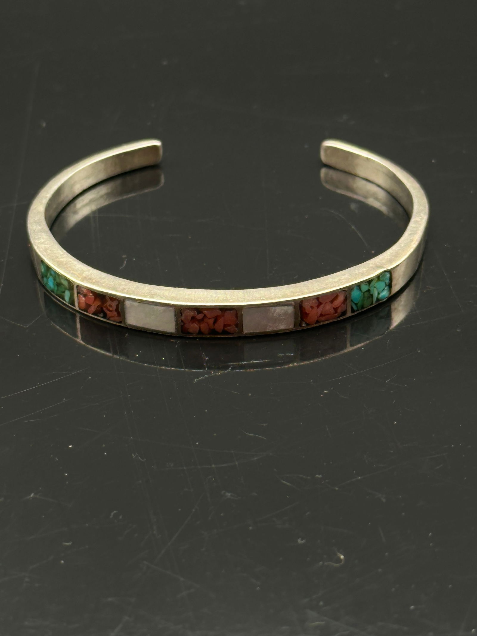 Zuni Style Sterling Silver Cuff Bracelet w/ Turquoise, Coral & Shell Inlay (1 of 8)