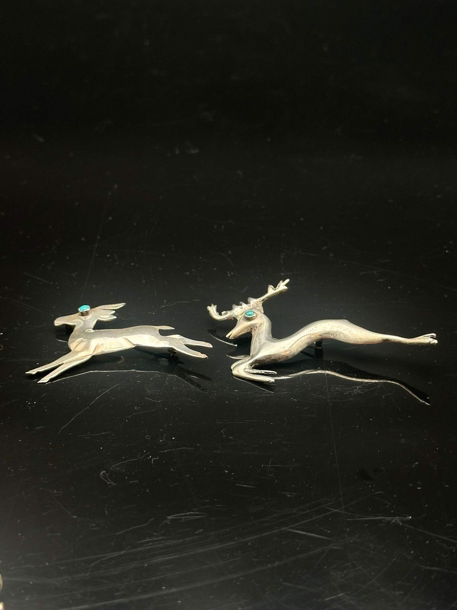 Pair of Vintage Mexican Sterling Silver Deer Brooches w/ Turquoise Eyes (1 of 6)