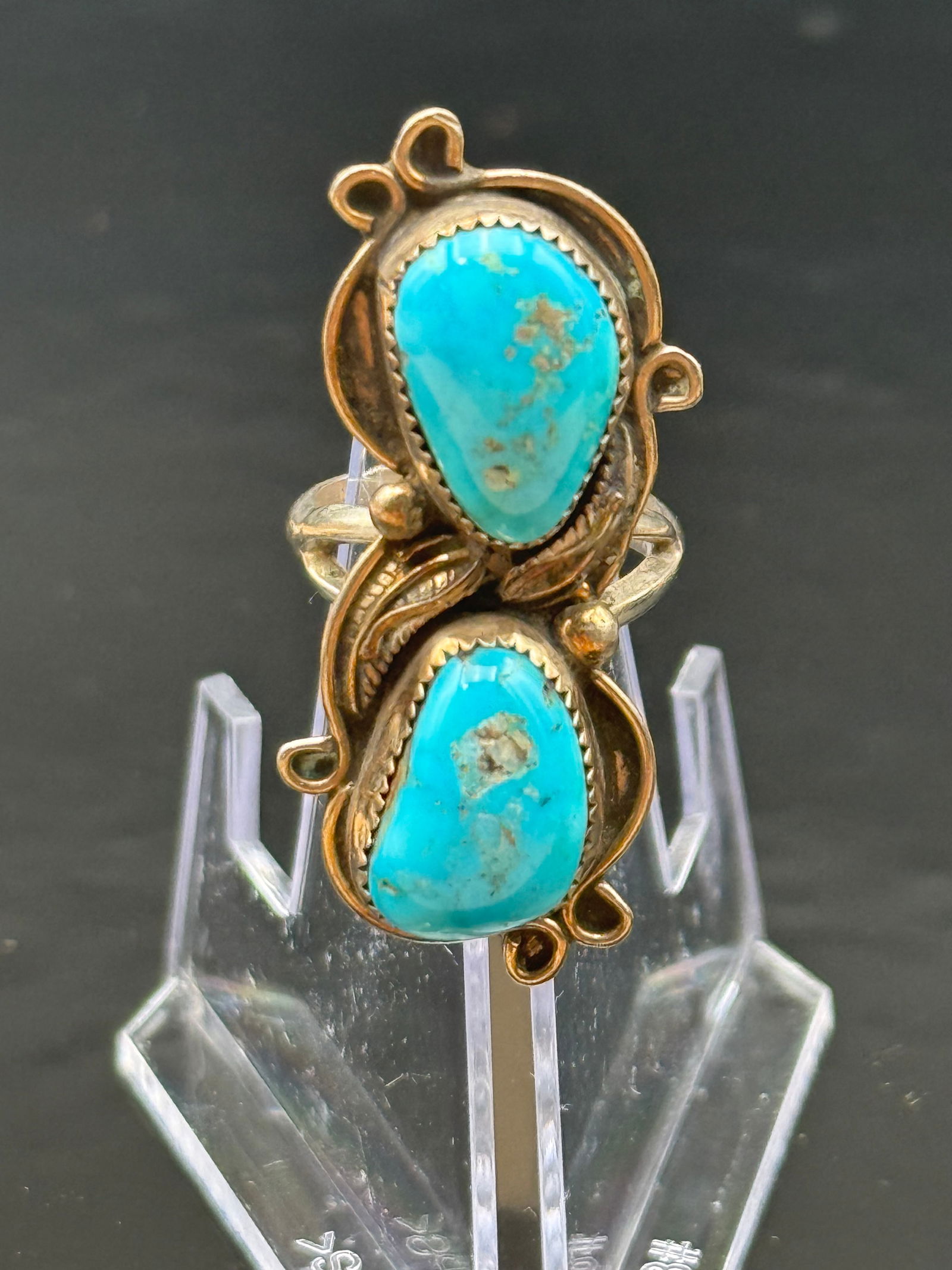 Vintage Navajo Signed Sterling Silver Turquoise Squash-blossom Ring Size 6.75 (1 of 6)