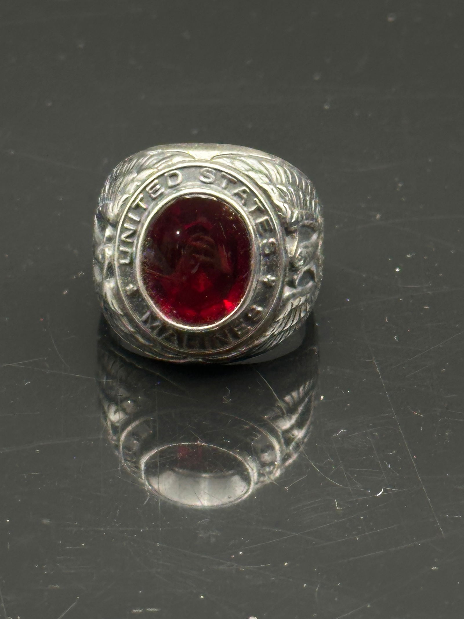 Vintage US Marines Sterling Silver Red Quartz Ring, Size 7 (1 of 8)