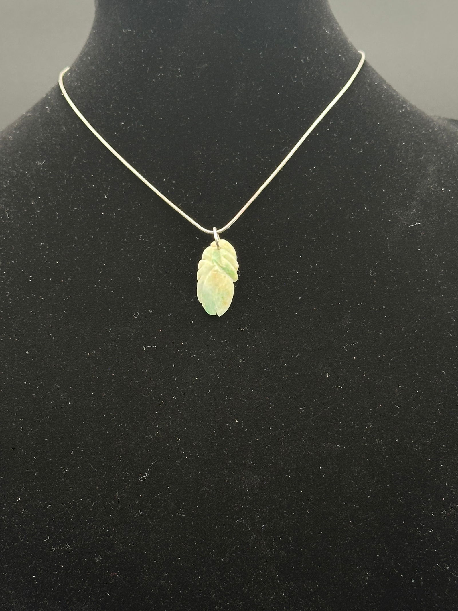 Sterling Silver Necklace with Carved Jade Leaf Pendant (1 of 6)