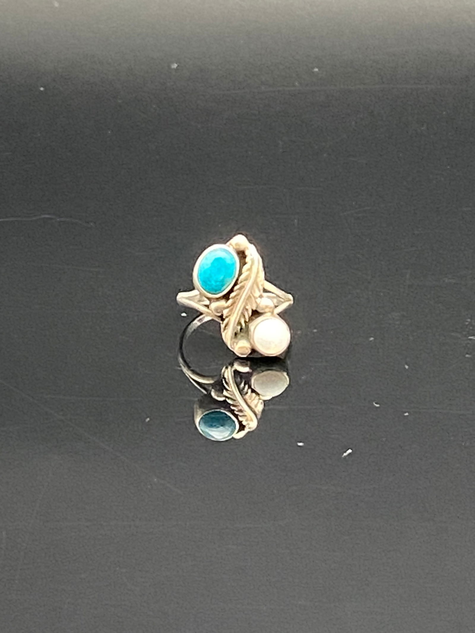 Sterling Silver Turquoise & Milk Quartz Leaf Ring (1 of 6)