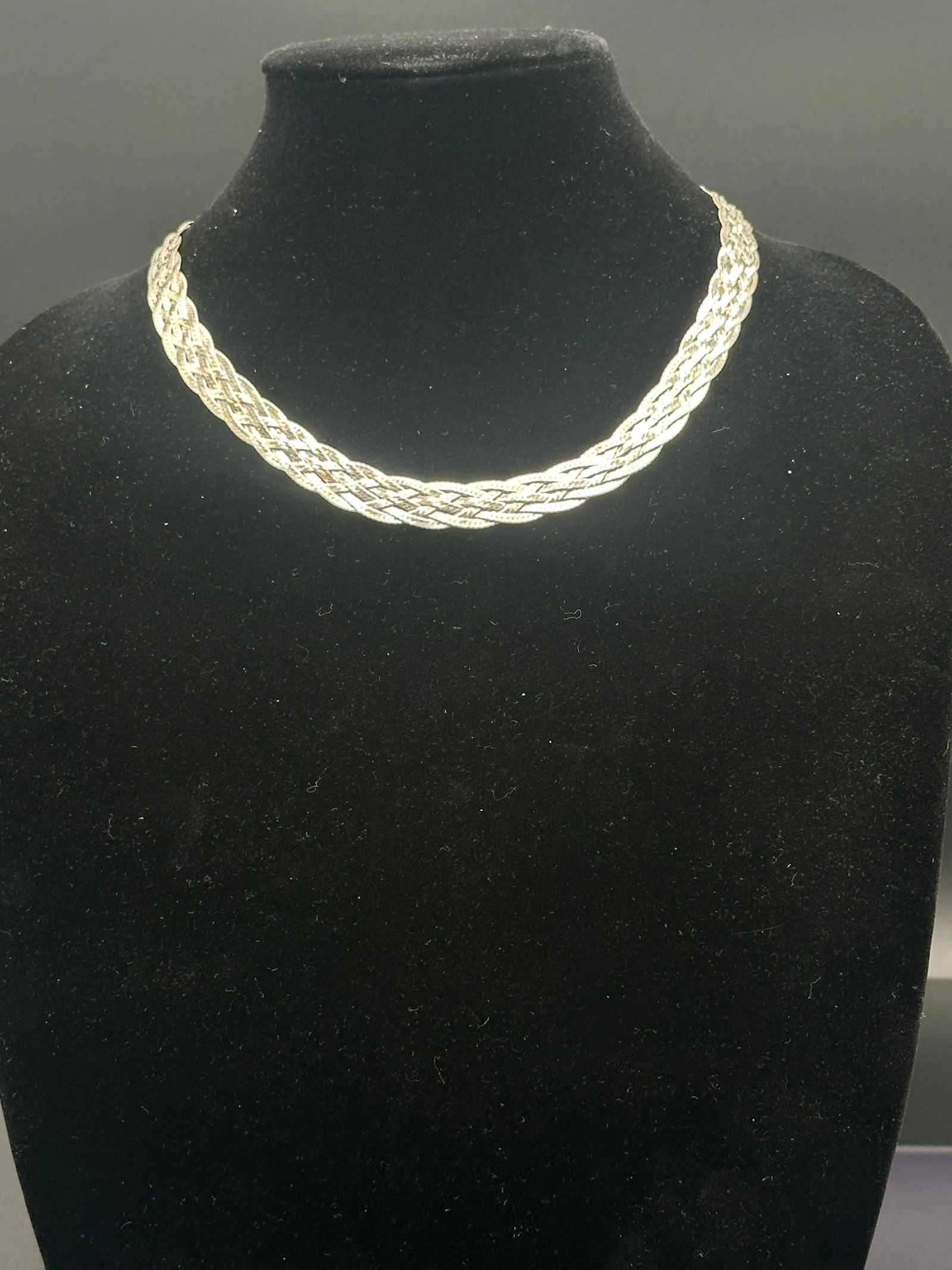 Sterling Silver Braided Collar Necklace, 925: Striking sterling silver collar necklace crafted in an intricate woven braid design. The detailed texture catches light beautifully, giving the piece both shimmer and depth. Marked 925 on the clasp, c