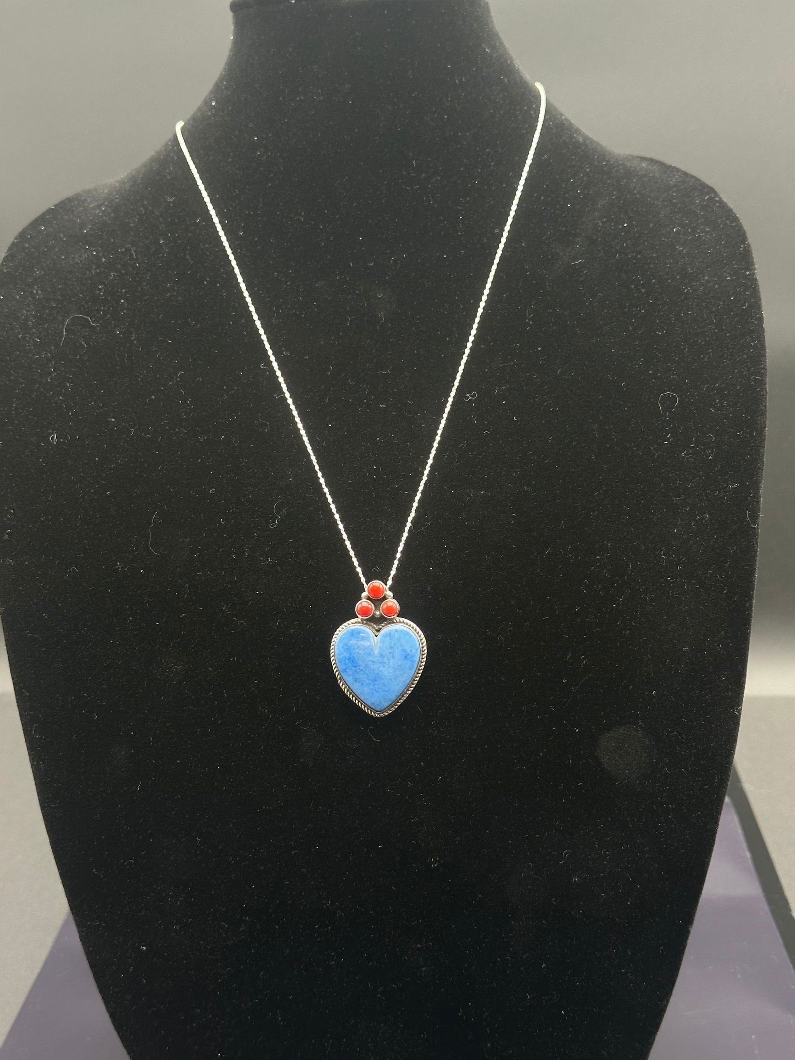 Vintage Sterling Silver Heart Pendant with Blue Stone & Coral Accents (1 of 6)