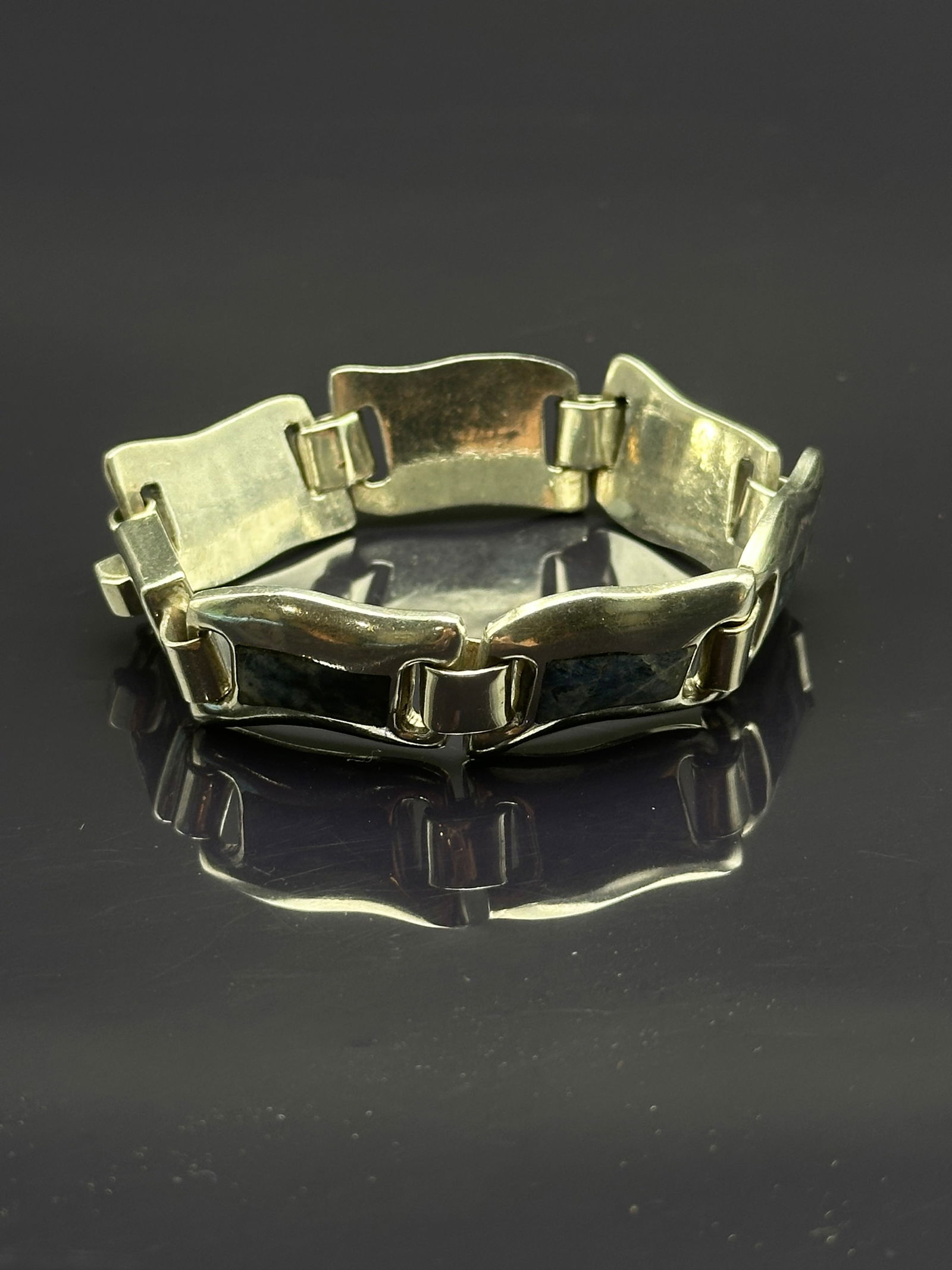 Mexican Sterling Silver Modernist Link Bracelet with Blue Stone Inlay, TL-63 (1 of 8)