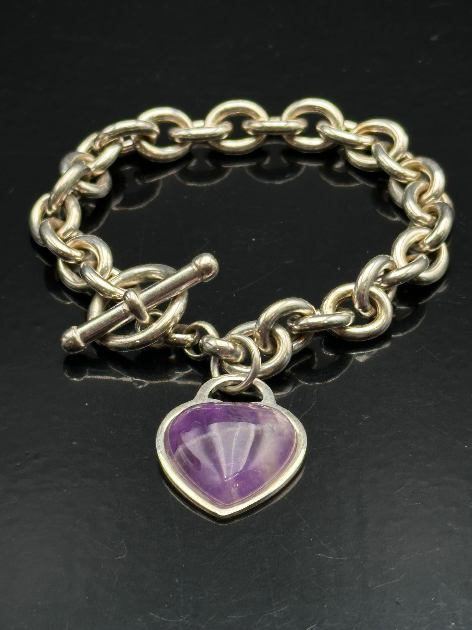 Sterling Silver Toggle Bracelet with Heart-Shaped Amethyst Charm (1 of 8)