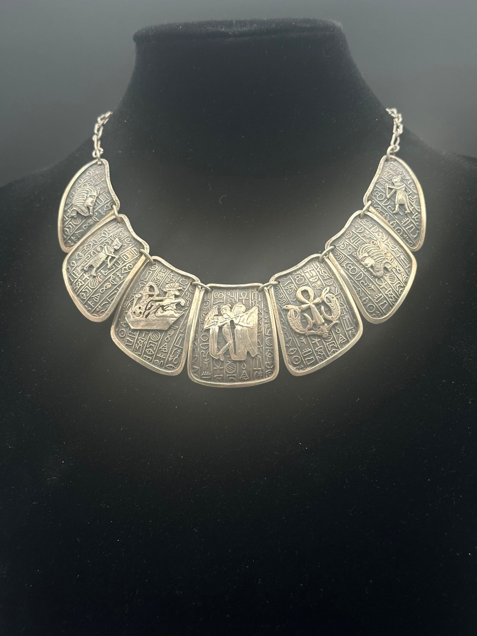 Egyptian Revival Sterling Silver Panel Necklace with Hieroglyphics (1 of 6)