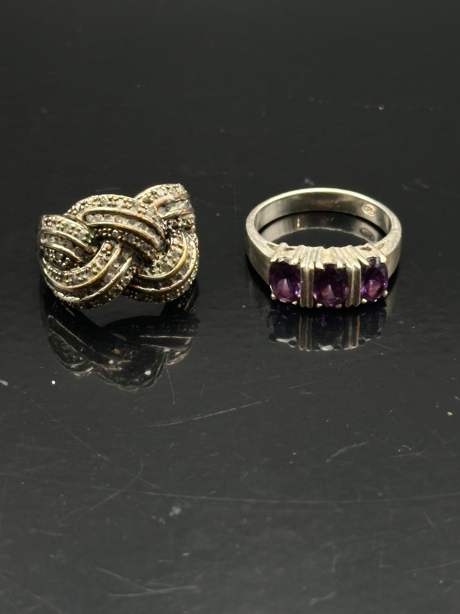 Sterling Silver Knot Ring with Marcasite & Three-Stone Amethyst Ring (1 of 8)