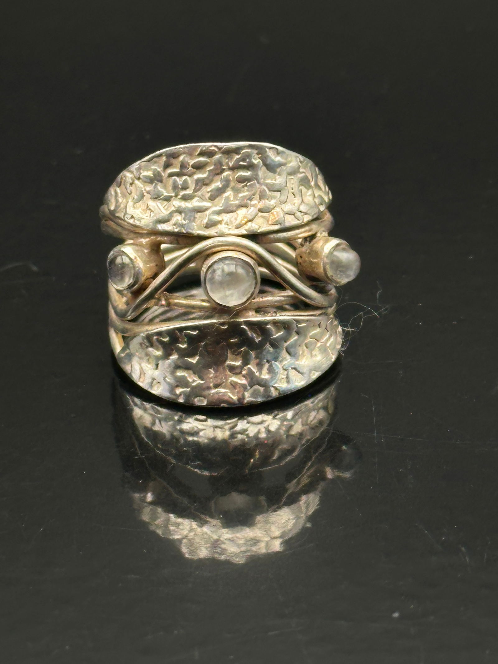 Artisan Sterling Silver Hammered Wide Band Ring with Cabochon Stones (1 of 7)