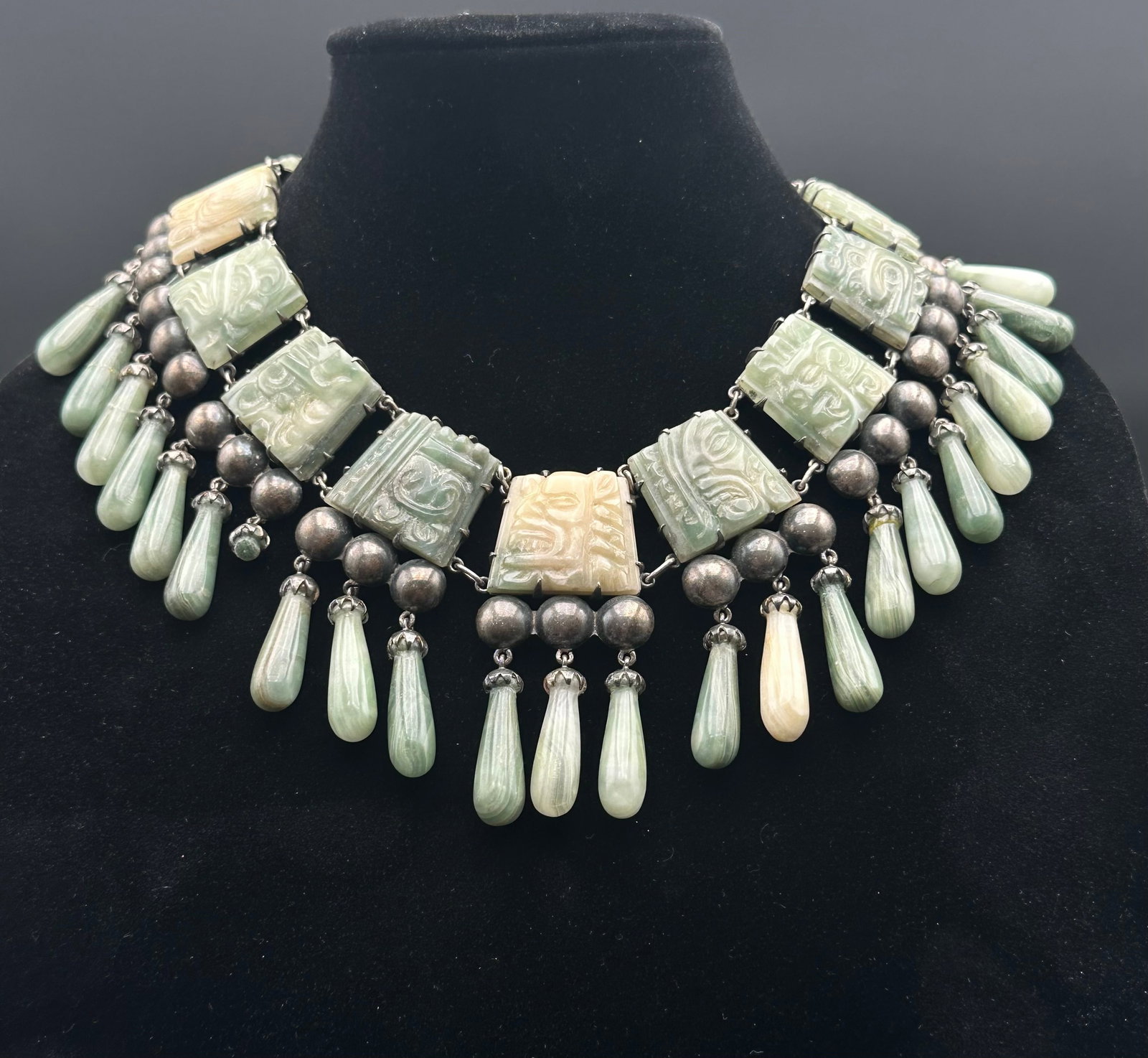 Vintage Mexican Sterling & Carved Jade Pre-Columbian Revival Necklace (1 of 15)