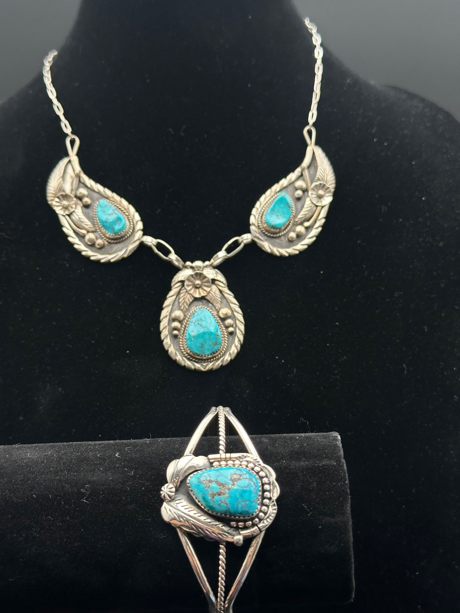 Navajo Sterling Silver & Turquoise Jewelry Set, Bracelet (LP) & Necklace Panels (AG) (1 of 18)