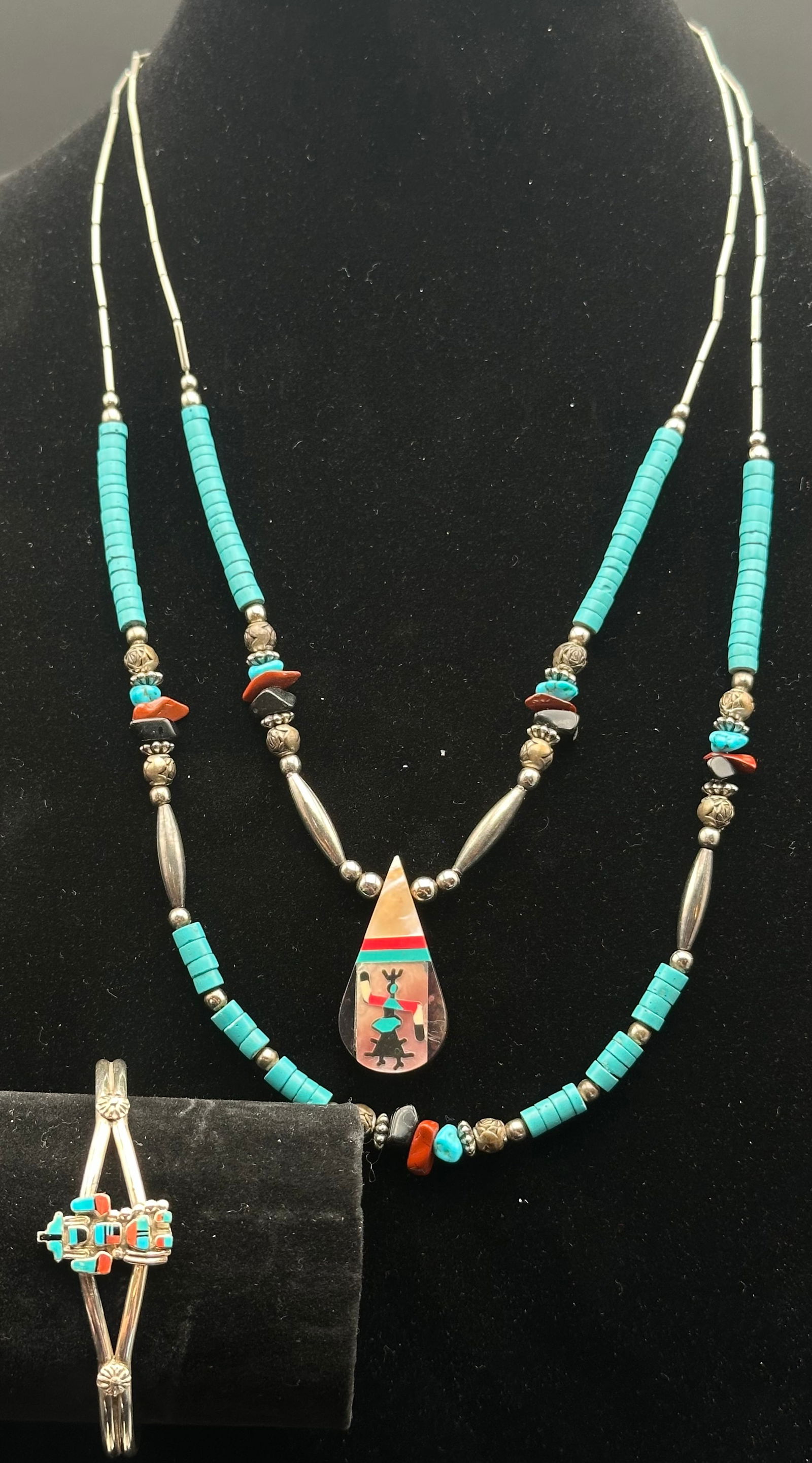 Navajo/Zuni Sterling Silver Turquoise & Inlay Necklace with Kokopelli Pendant and Matching Bracelet (1 of 15)