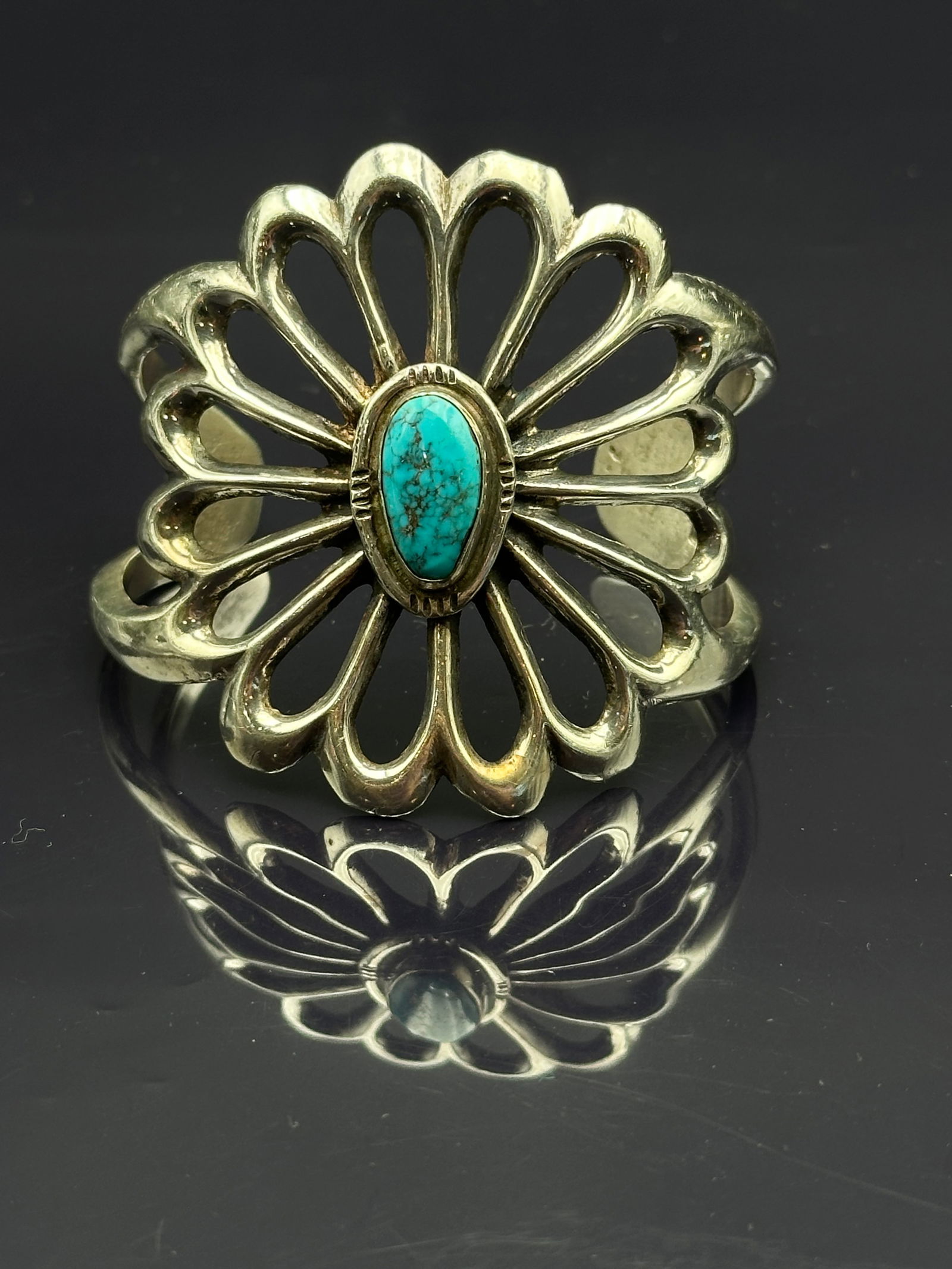 Navajo Sterling Silver Openwork Cuff Bracelet with Turquoise (1 of 8)