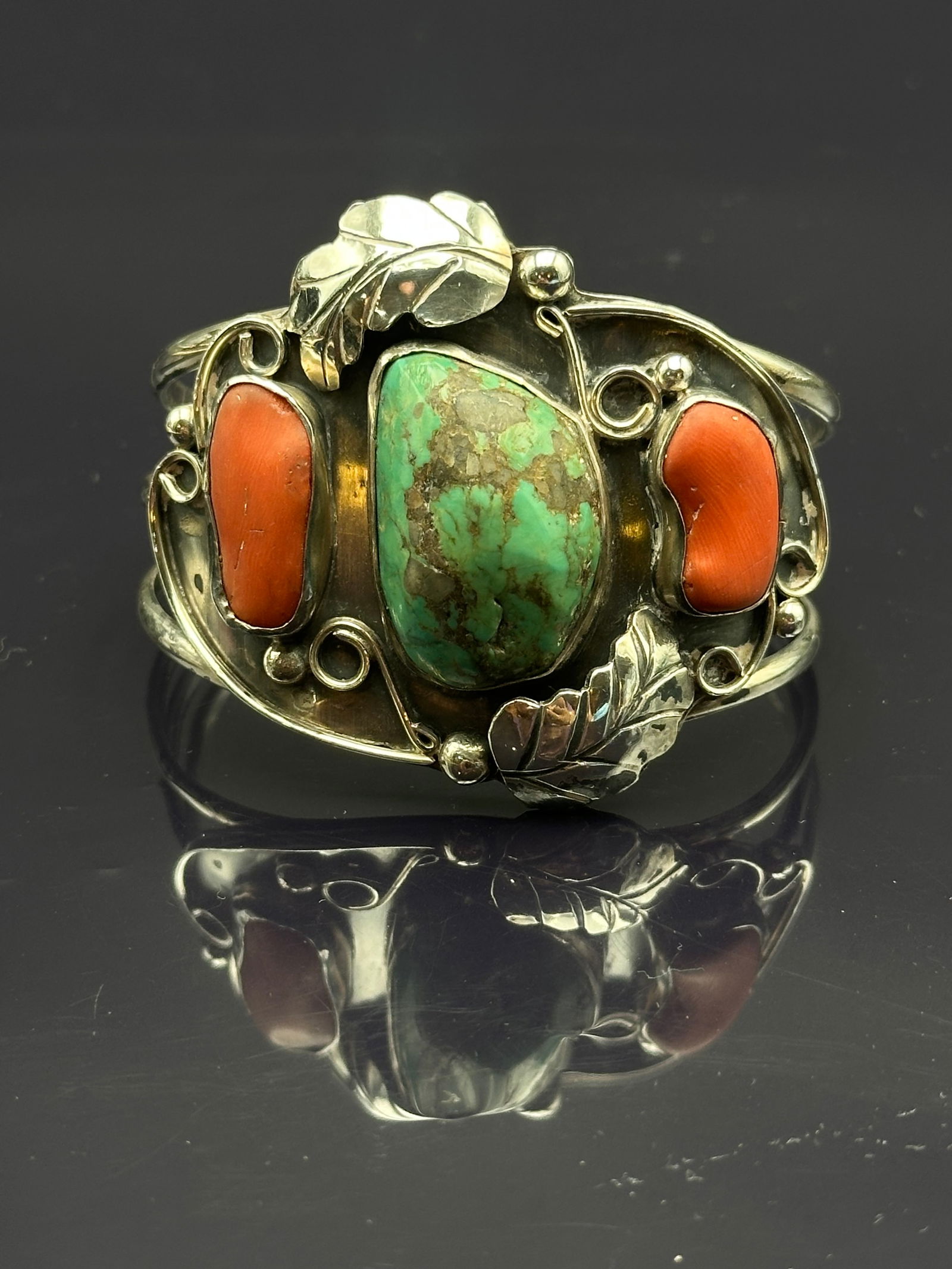 Navajo Sterling Silver Cuff Bracelet with Turquoise & Coral, Hallmarked (1 of 9)