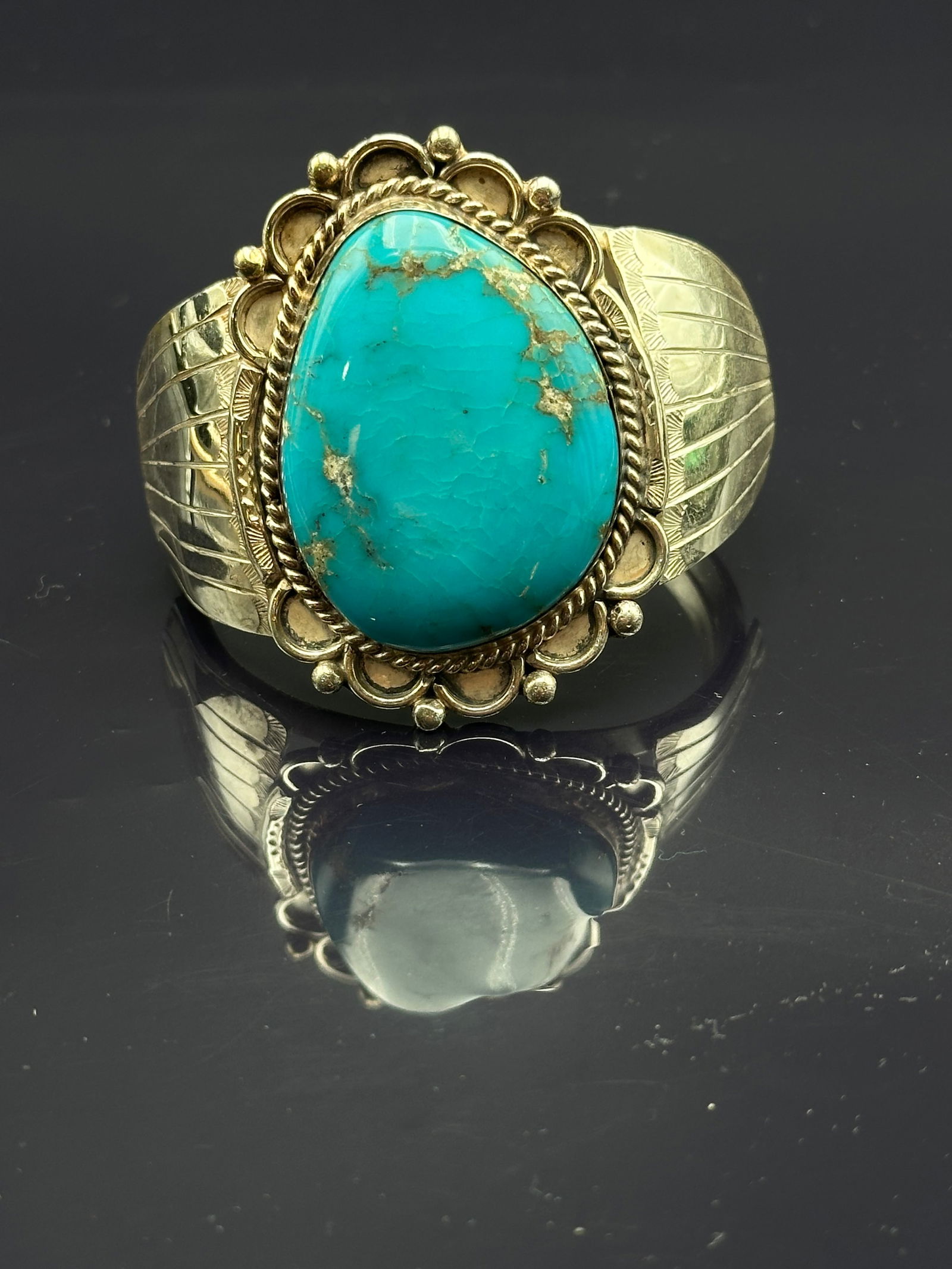 Navajo Sterling Silver Wide Cuff Bracelet with Large Turquoise (1 of 9)