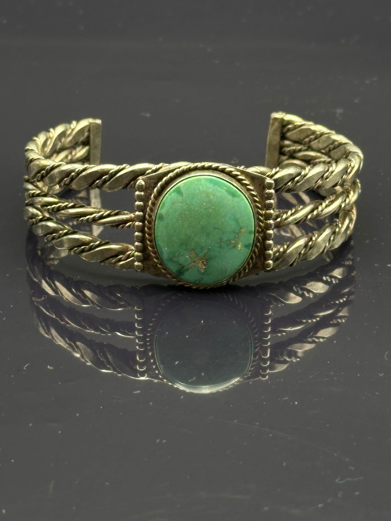 Navajo Sterling Silver Twisted Rope Cuff Bracelet with Turquoise (1 of 8)