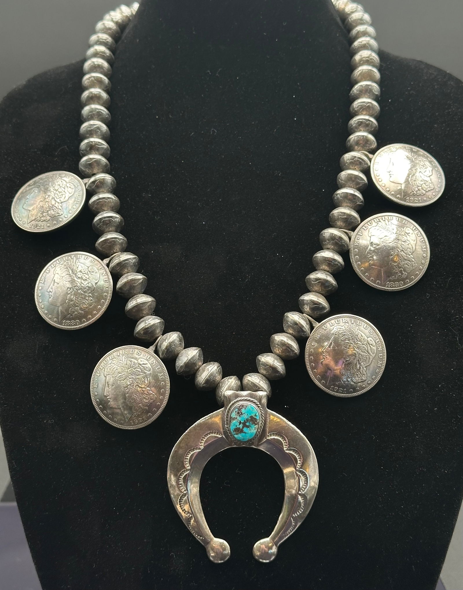 Vintage Navajo Sterling Silver Morgan Dollar Squash Blossom Necklace w/ Turquoise Naja (1 of 11)