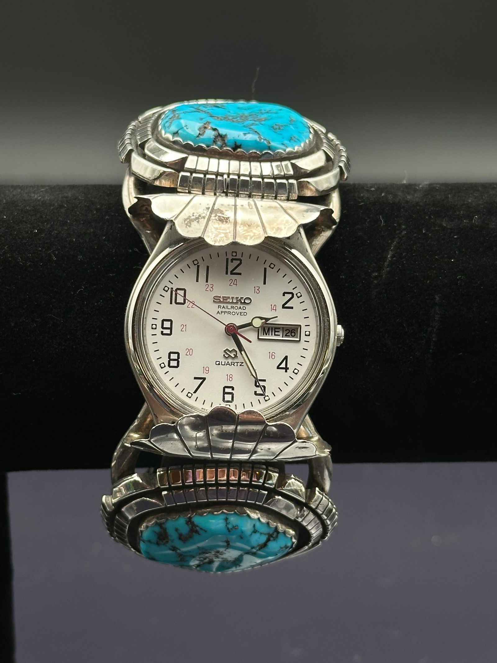 Navajo T. Billie Sterling Silver Watch Cuff Bracelet w/ Turquoise & Working Seiko (1 of 12)