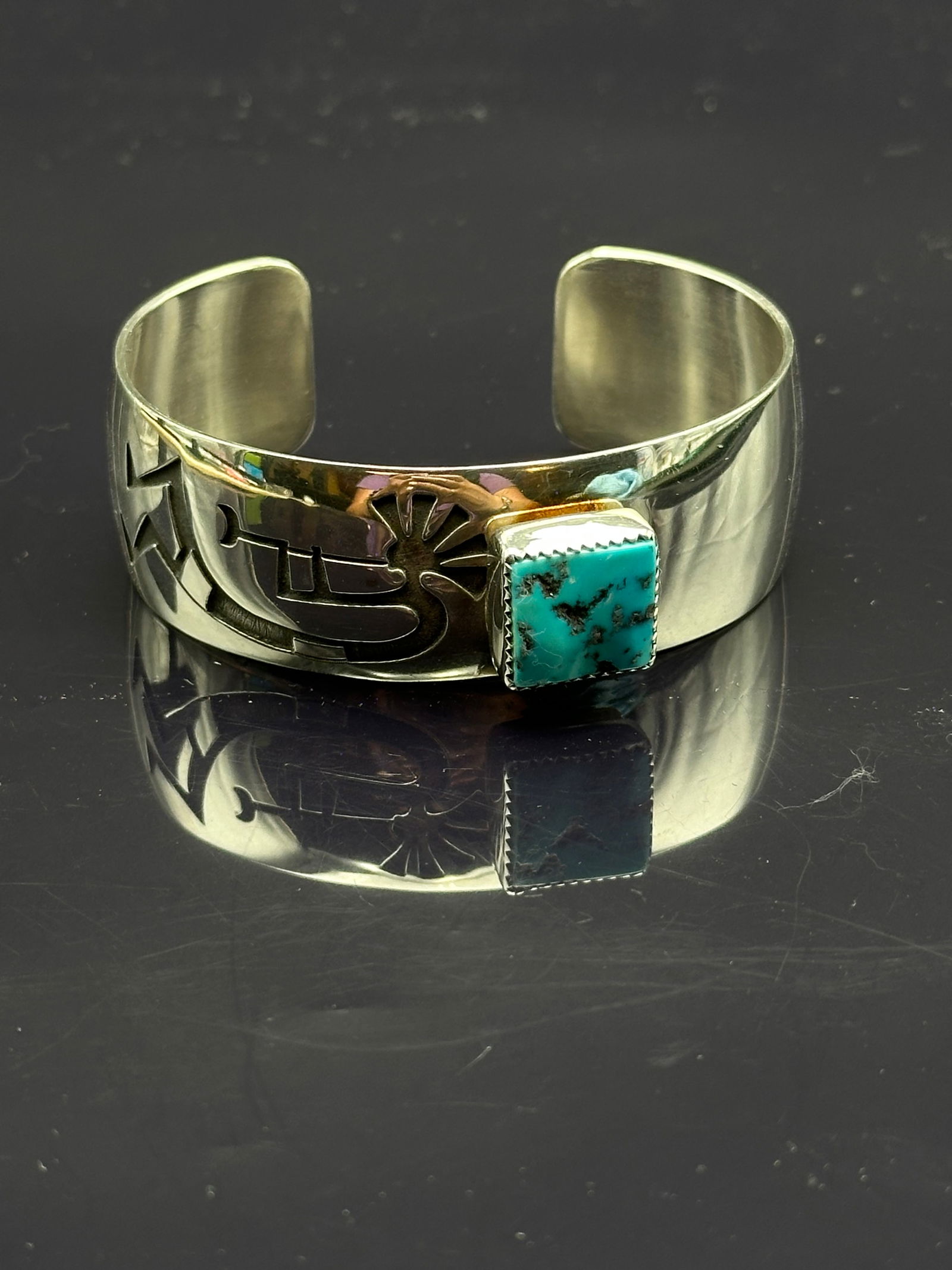 Navajo Nelson Burbank Sterling Silver Overlay Cuff w/ Turquoise, Signed NB (1 of 9)