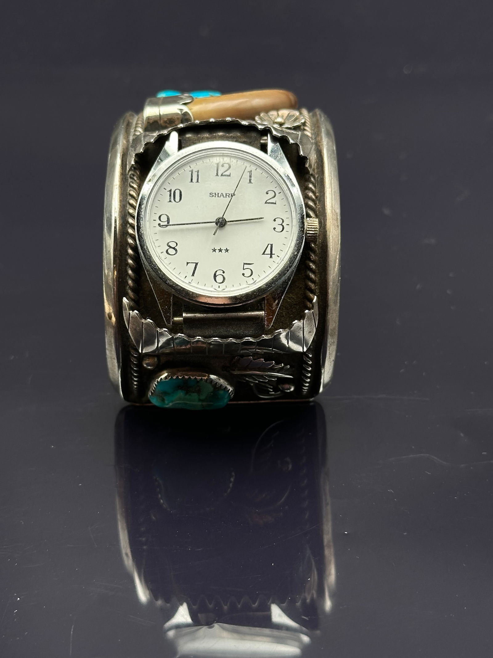 Navajo Sterling Silver Watch Cuff Bracelet w/ Turquoise & Claw, Signed FF (1 of 8)