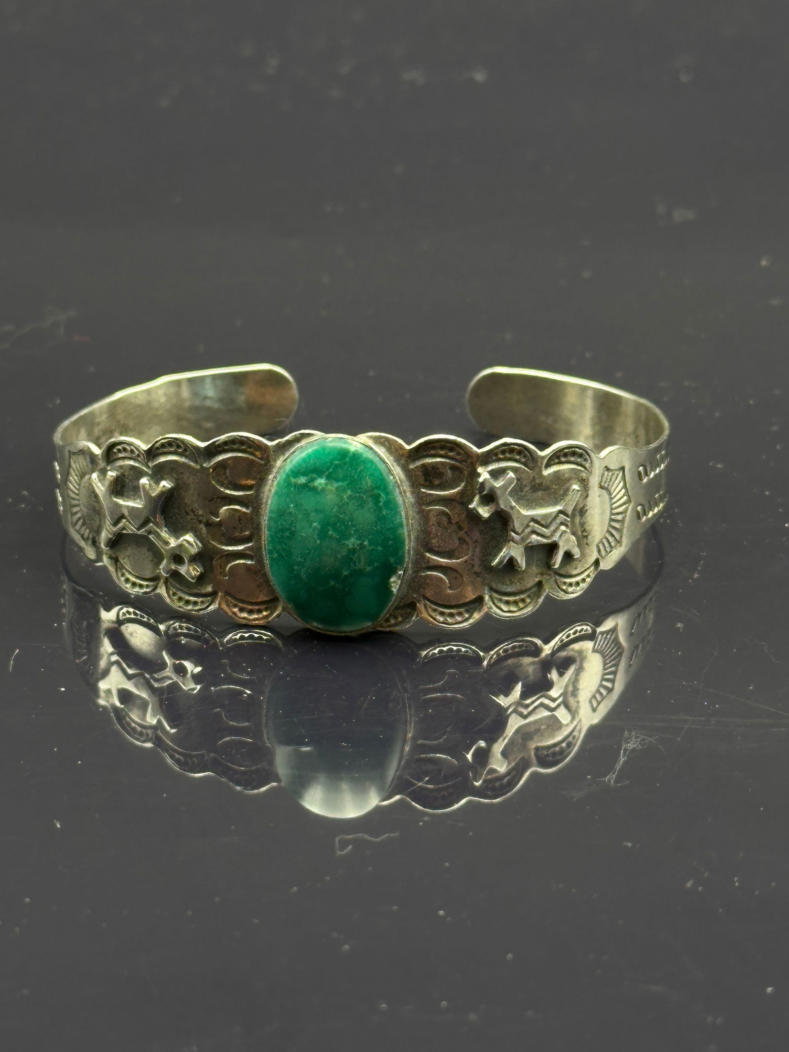 Early Navajo Fred Harvey Era Sterling Silver Cuff Bracelet w/ Turquoise & Whirling Log (1 of 8)