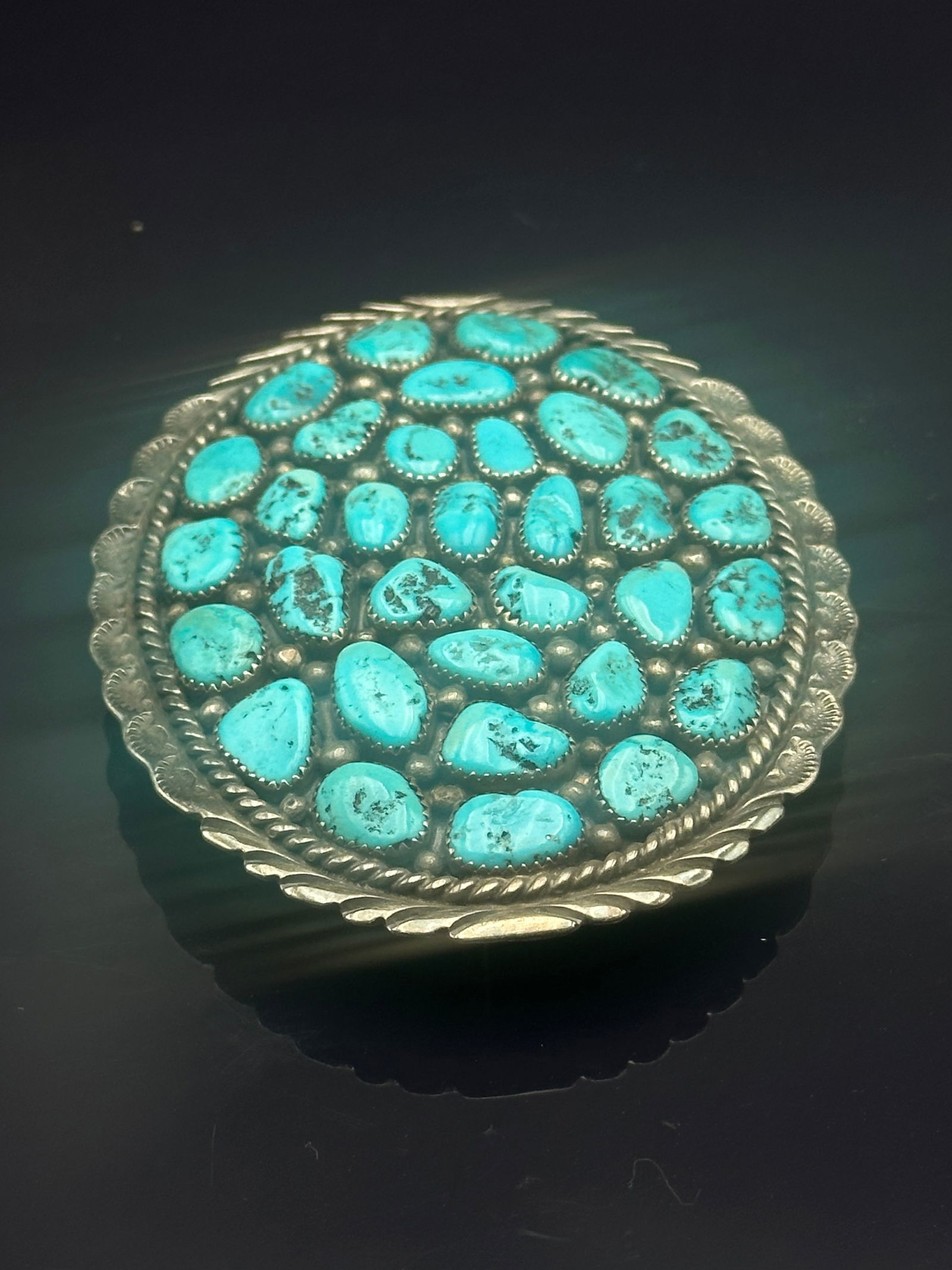 Vintage Navajo Style Sterling Silver Cluster Turquoise Oval Belt Buckle (1 of 7)