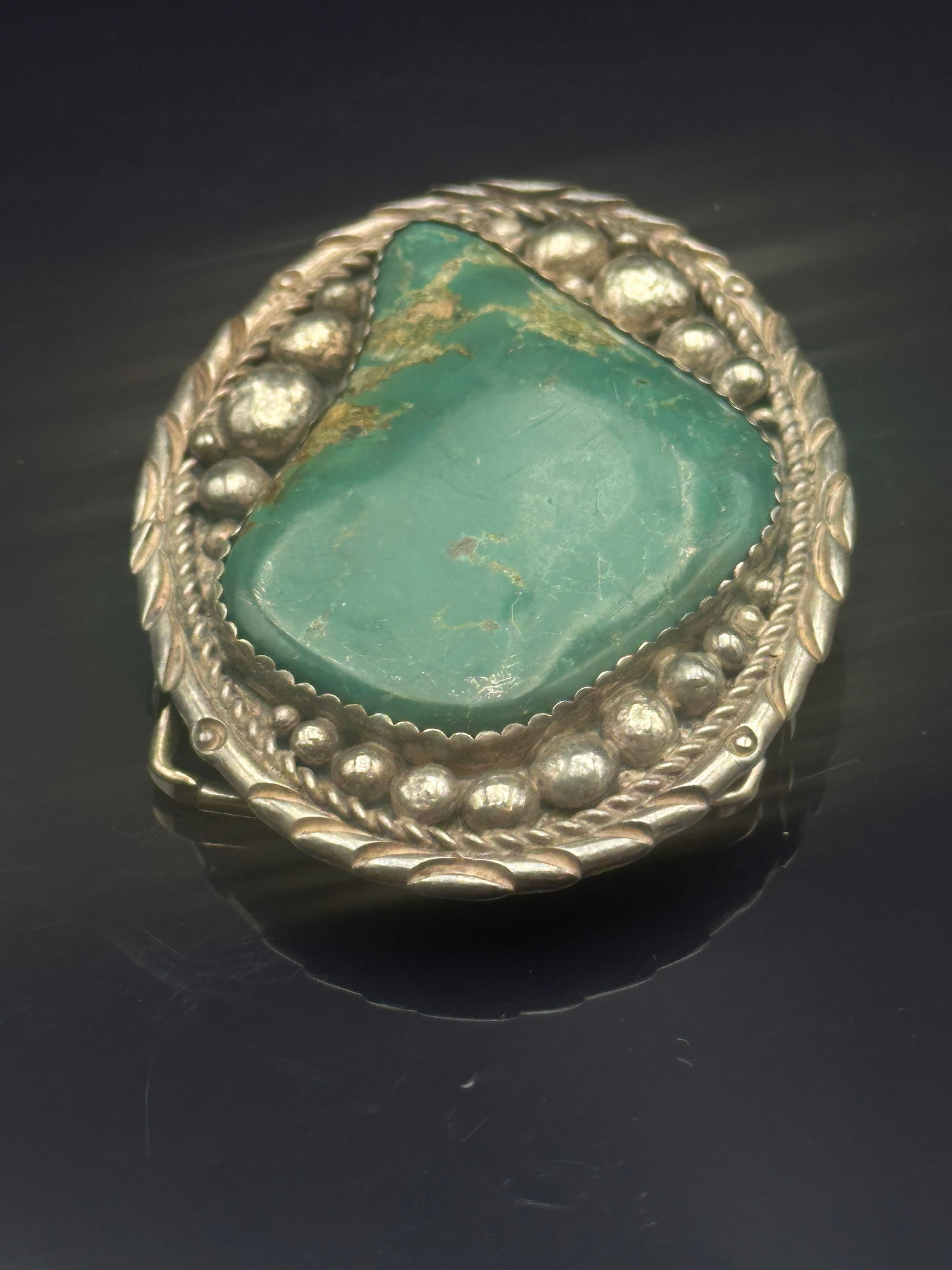Original Sterling Silver Belt Buckle with Large Turquoise Nugget, Signed AK (1 of 8)