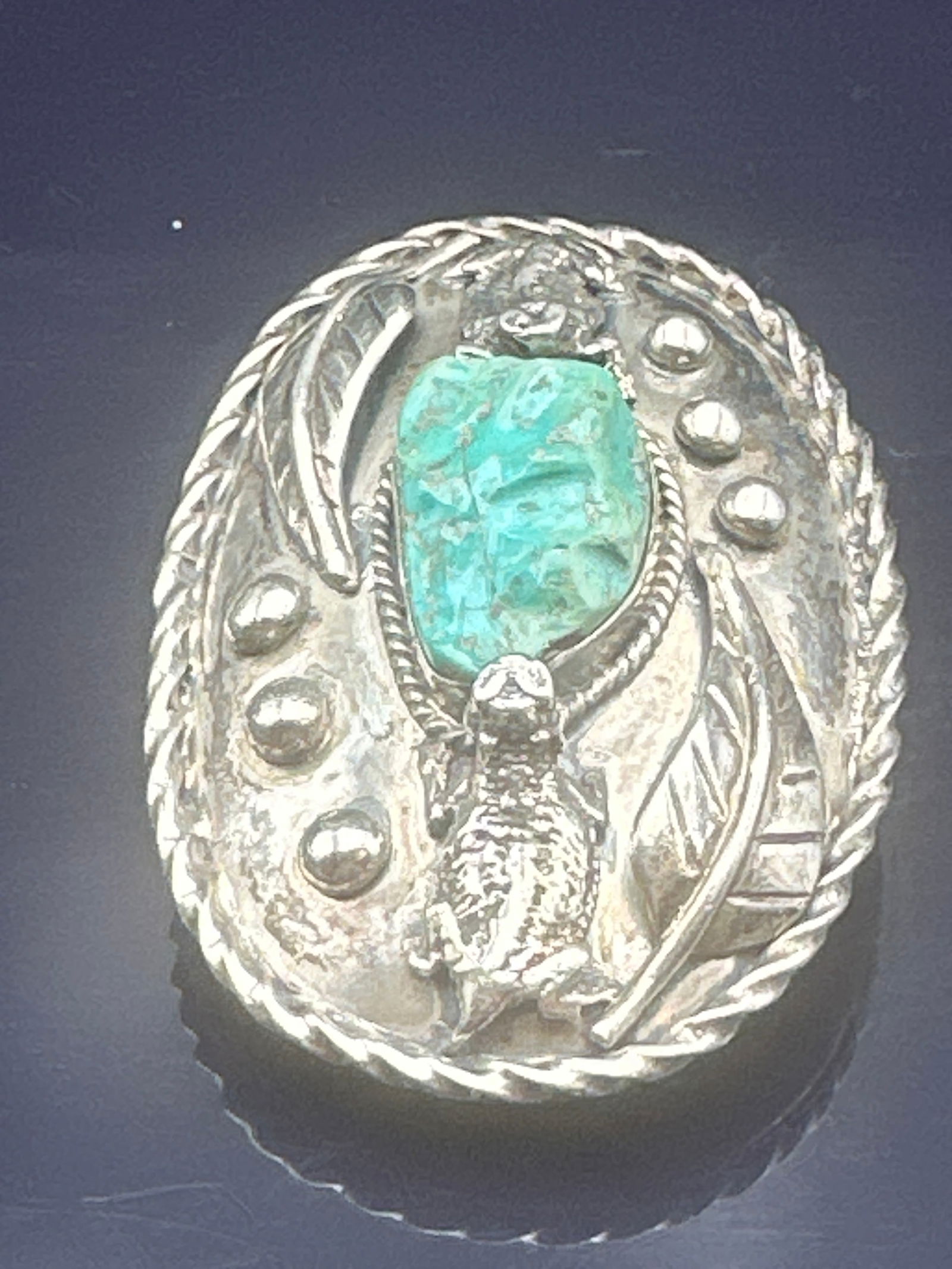 Sterling Silver Belt Buckle with Turquoise Nugget & Horned Lizard Motif (1 of 7)