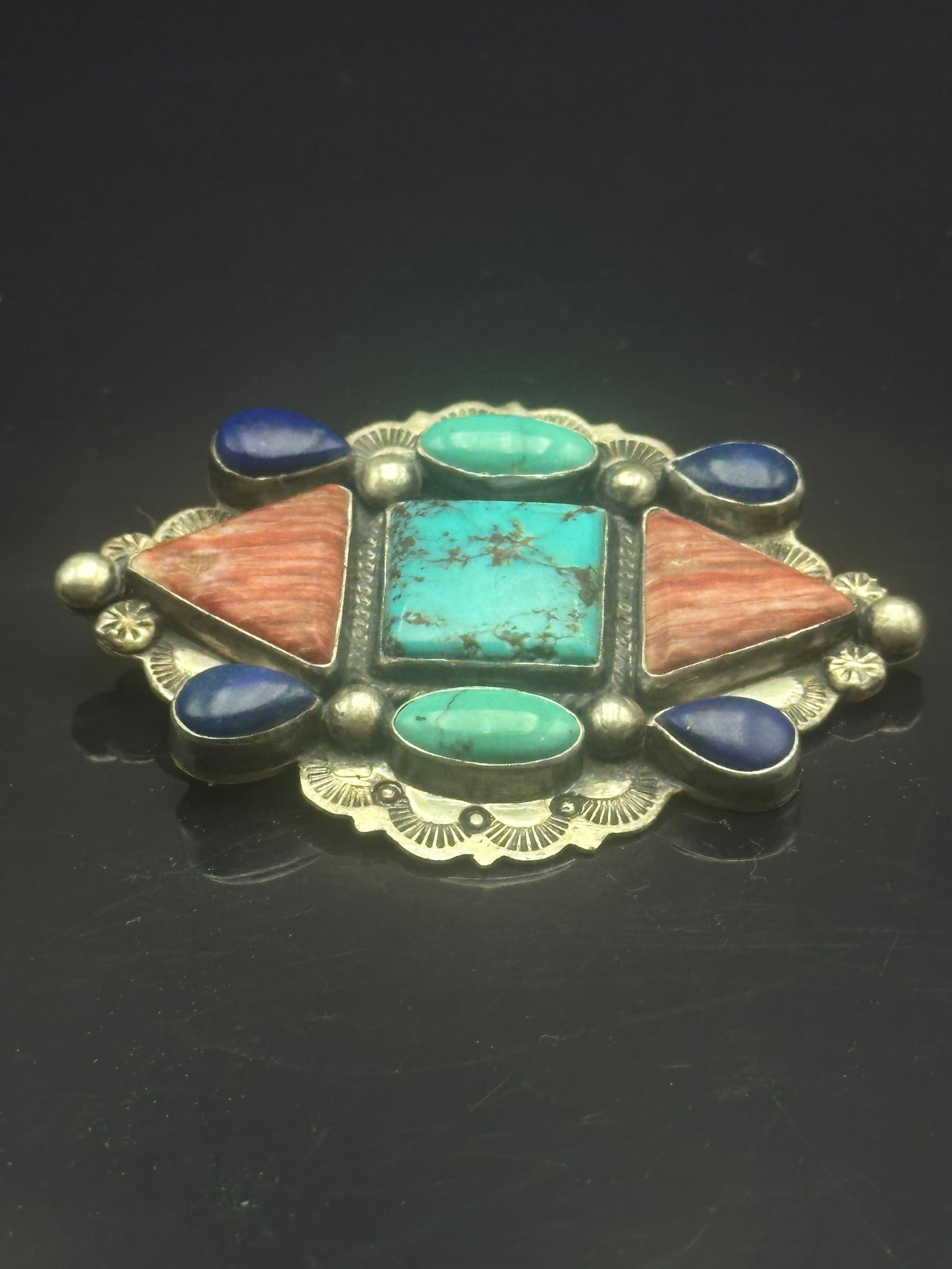 Linda Johnson Navajo Sterling Silver Multi-Stone Brooch with Turquoise, Lapis & Spiny Oyster (1 of 7)
