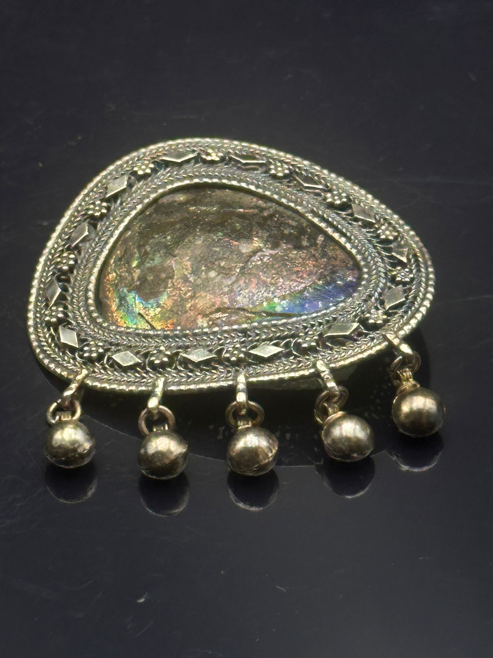 Vintage Mexican Sterling Silver Filigree Brooch/Pendant with Abalone & Dangling Beads (1 of 6)