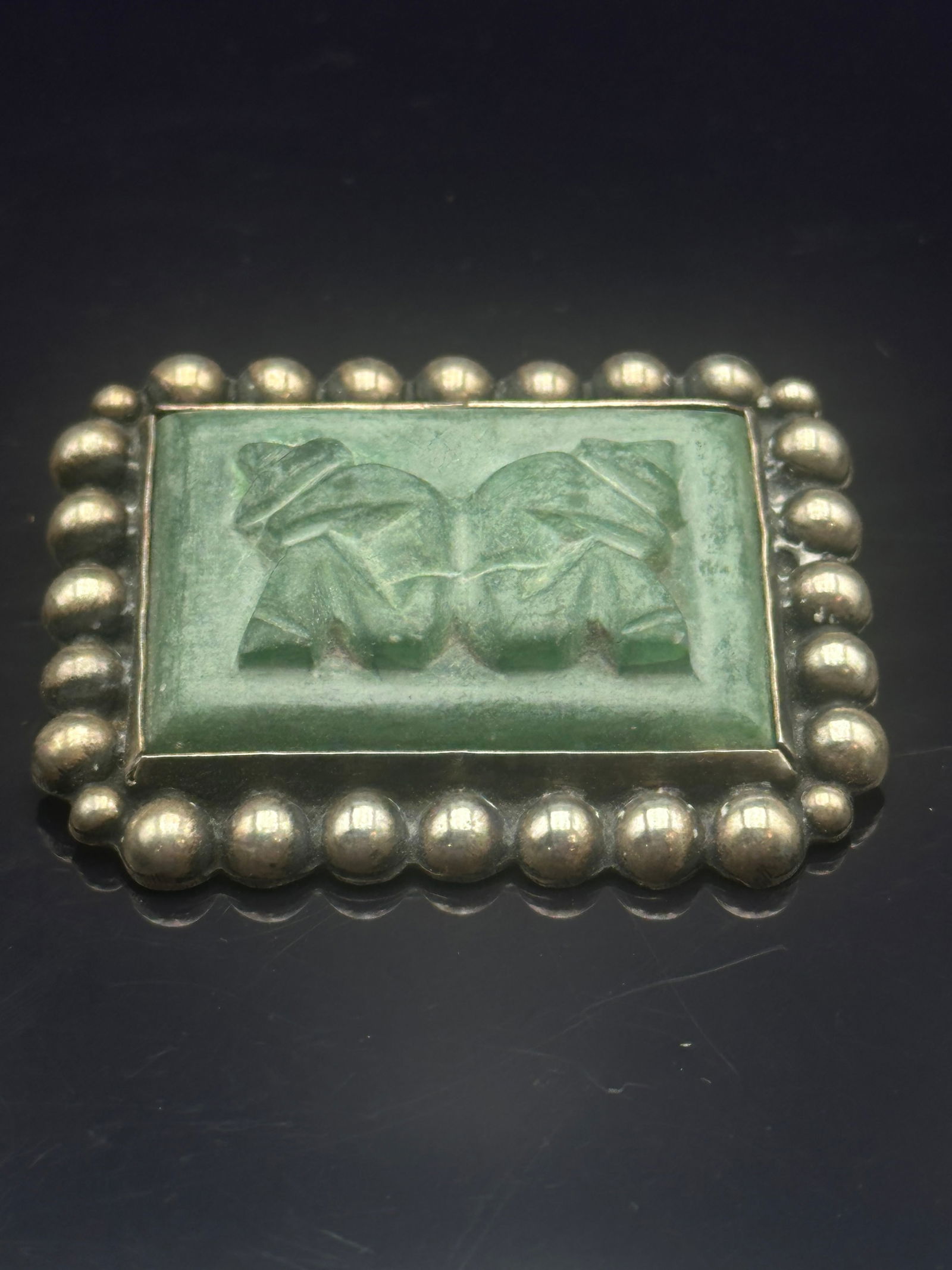 Mexican 980 Silver Brooch with Carved Jade Figural Panel (1 of 7)
