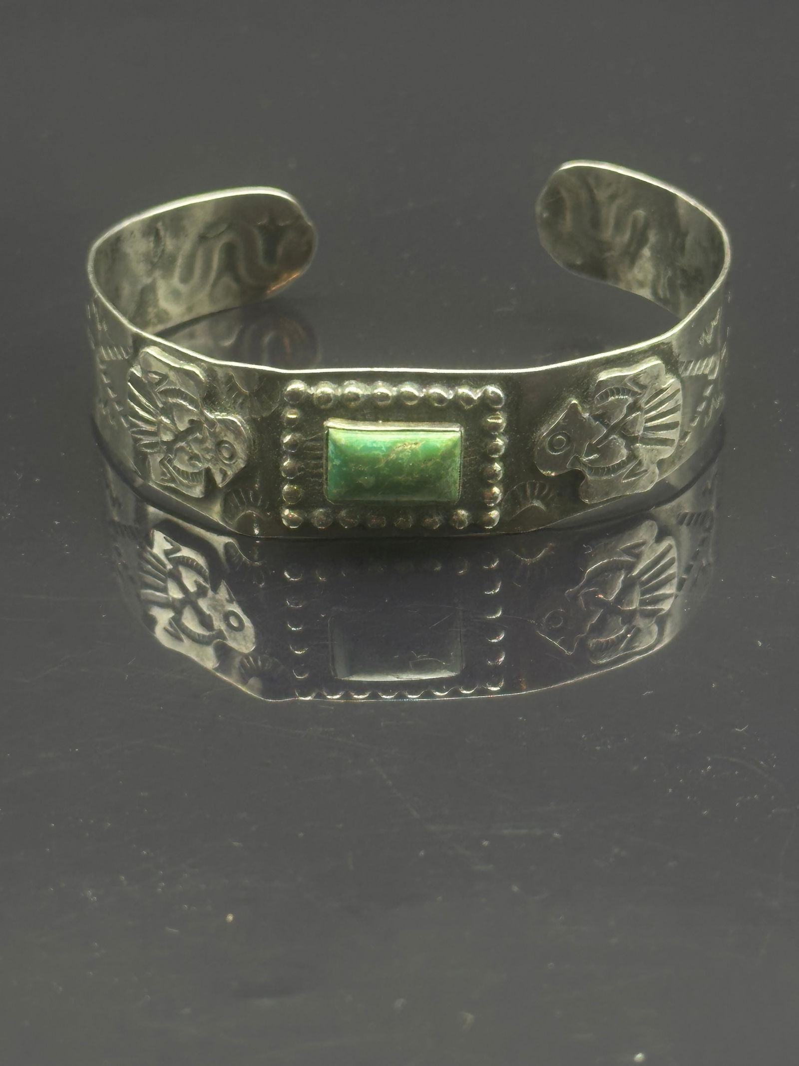 Vintage Navajo Sterling Silver Thunderbird Cuff Bracelet with Green Stone (1 of 7)