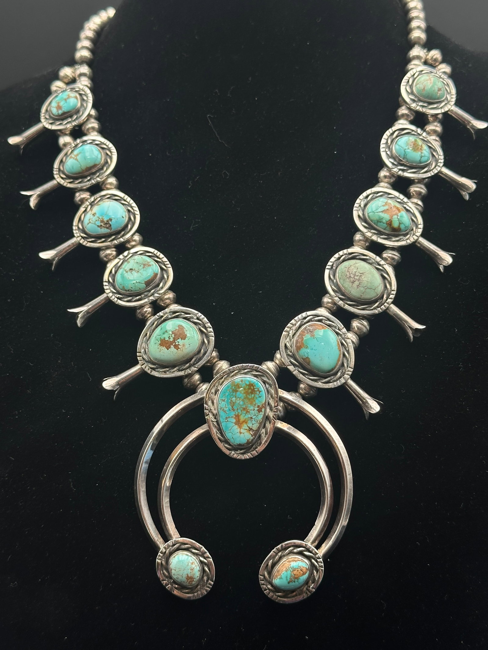 Vintage Navajo Sterling Silver Turquoise Squash Blossom Necklace (1 of 11)