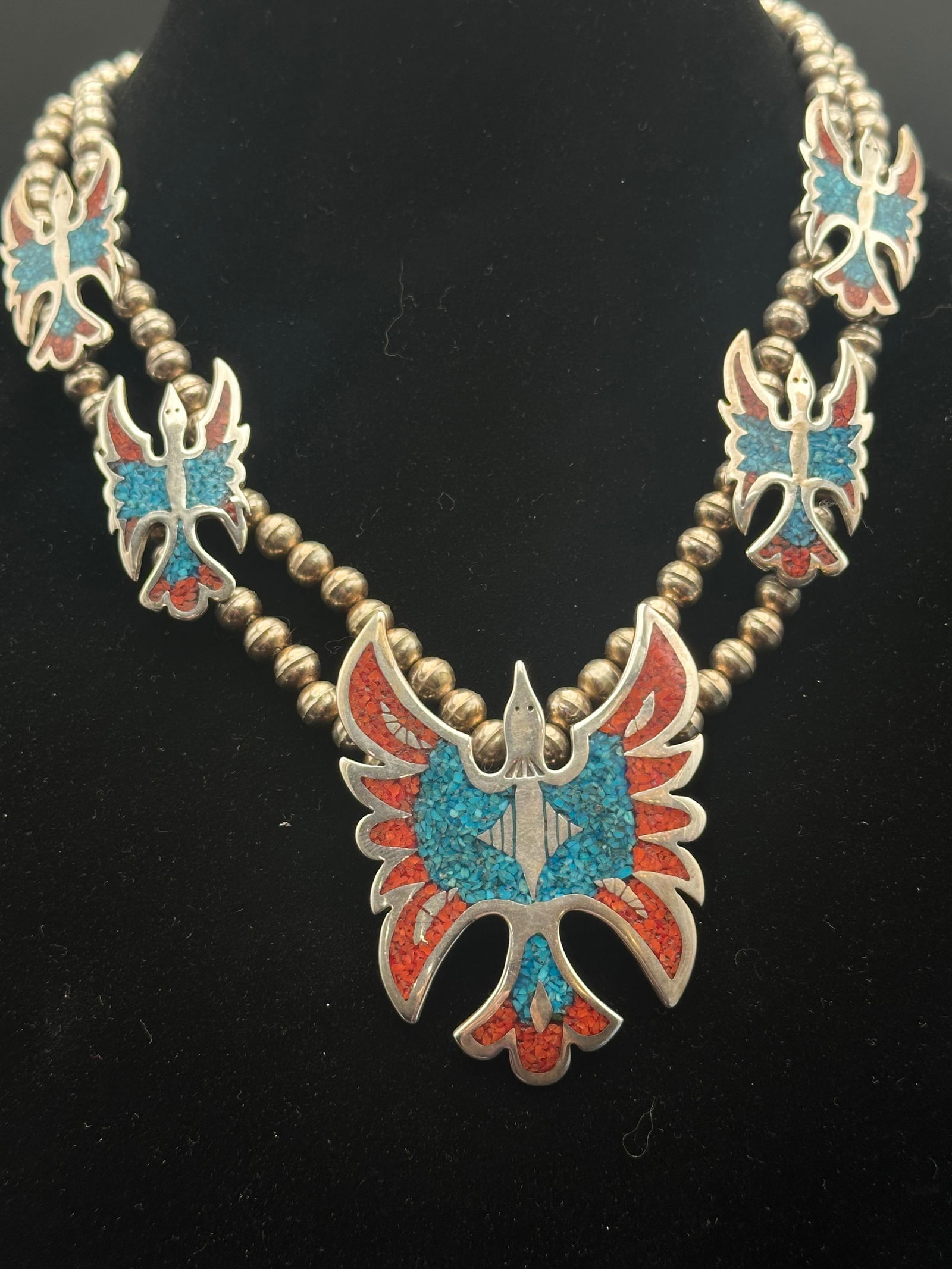 Vintage Navajo Sterling Silver Thunderbird Squash Blossom Necklace with Turquoise & Coral Inlay (1 of 12)