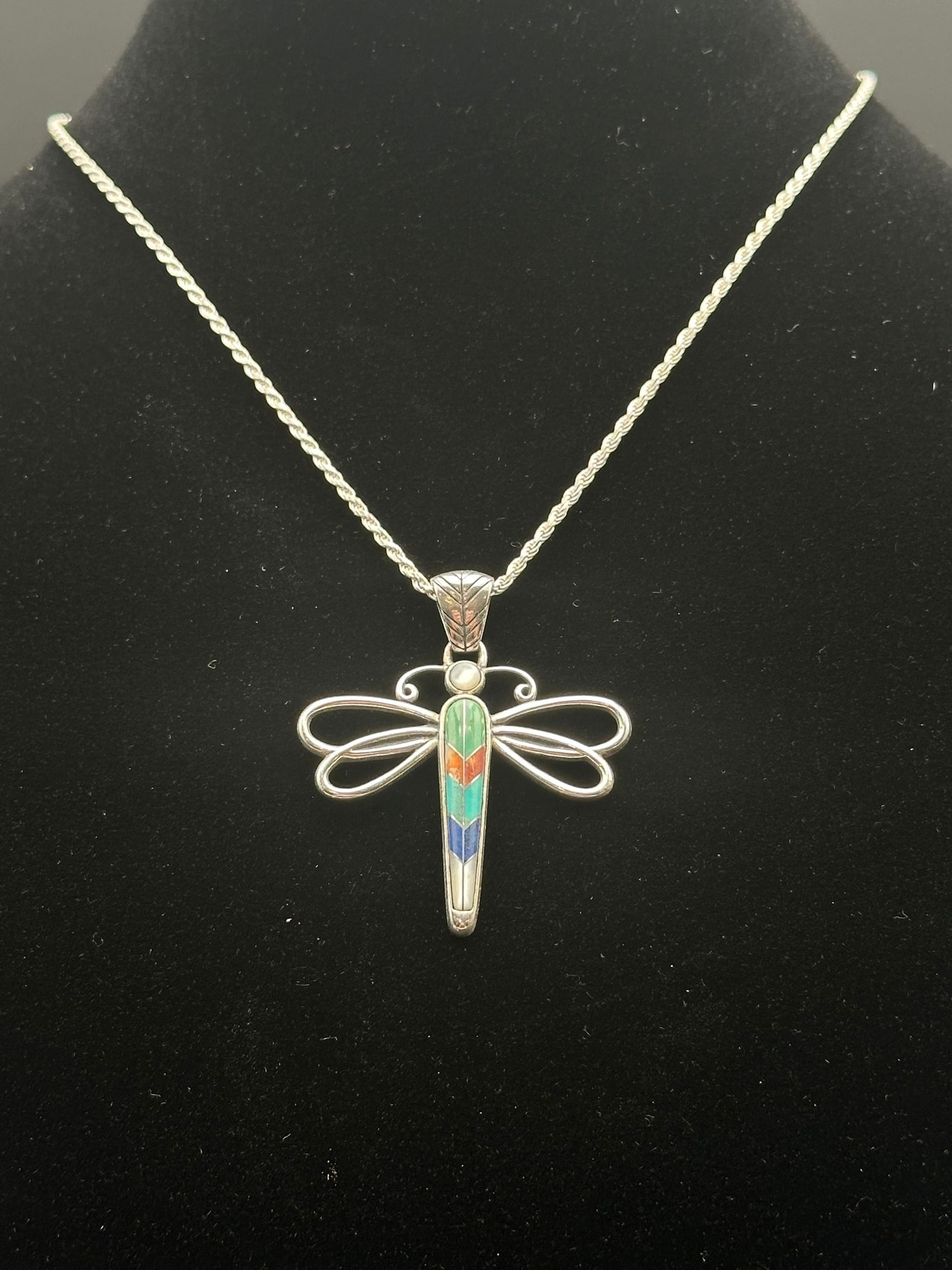 Sterling Silver Dragonfly Inlay Pendant Necklace (1 of 8)