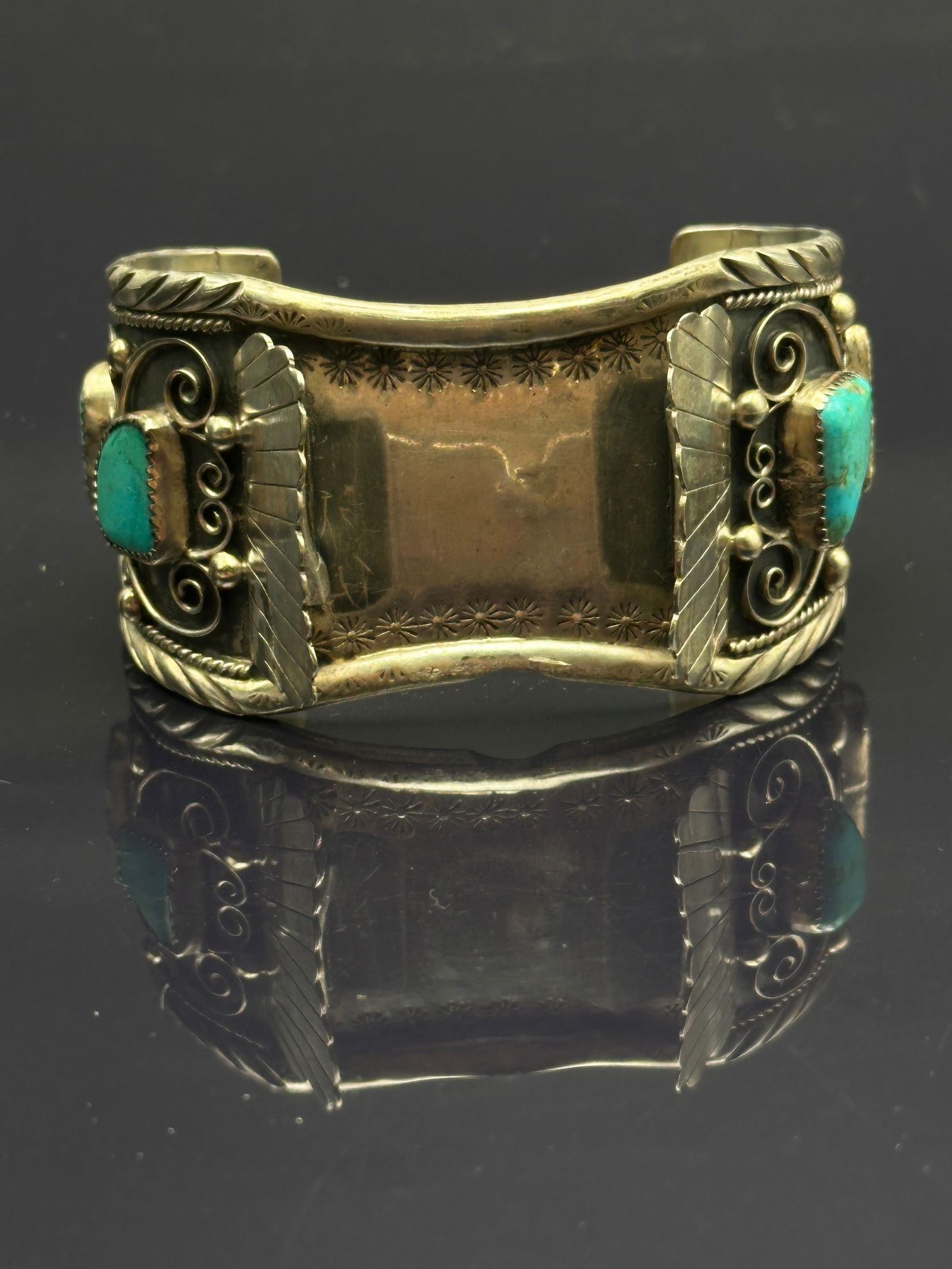 Vintage Navajo Sterling Silver Wide Cuff Bracelet with Turquoise, Signed “J” (1 of 9)