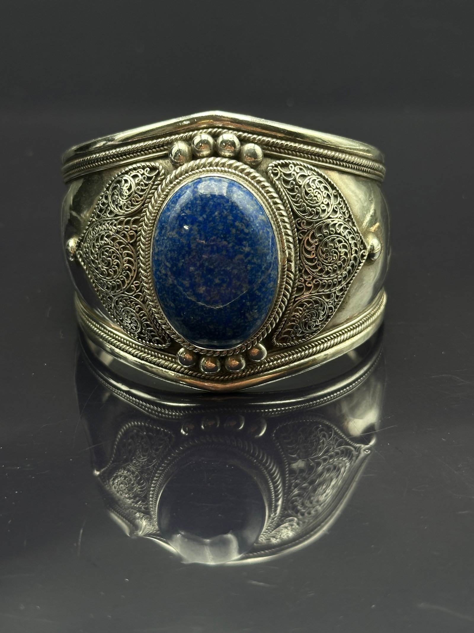 Nepal Sterling Silver 925 Cuff Bracelet with Lapis Lazuli (1 of 9)