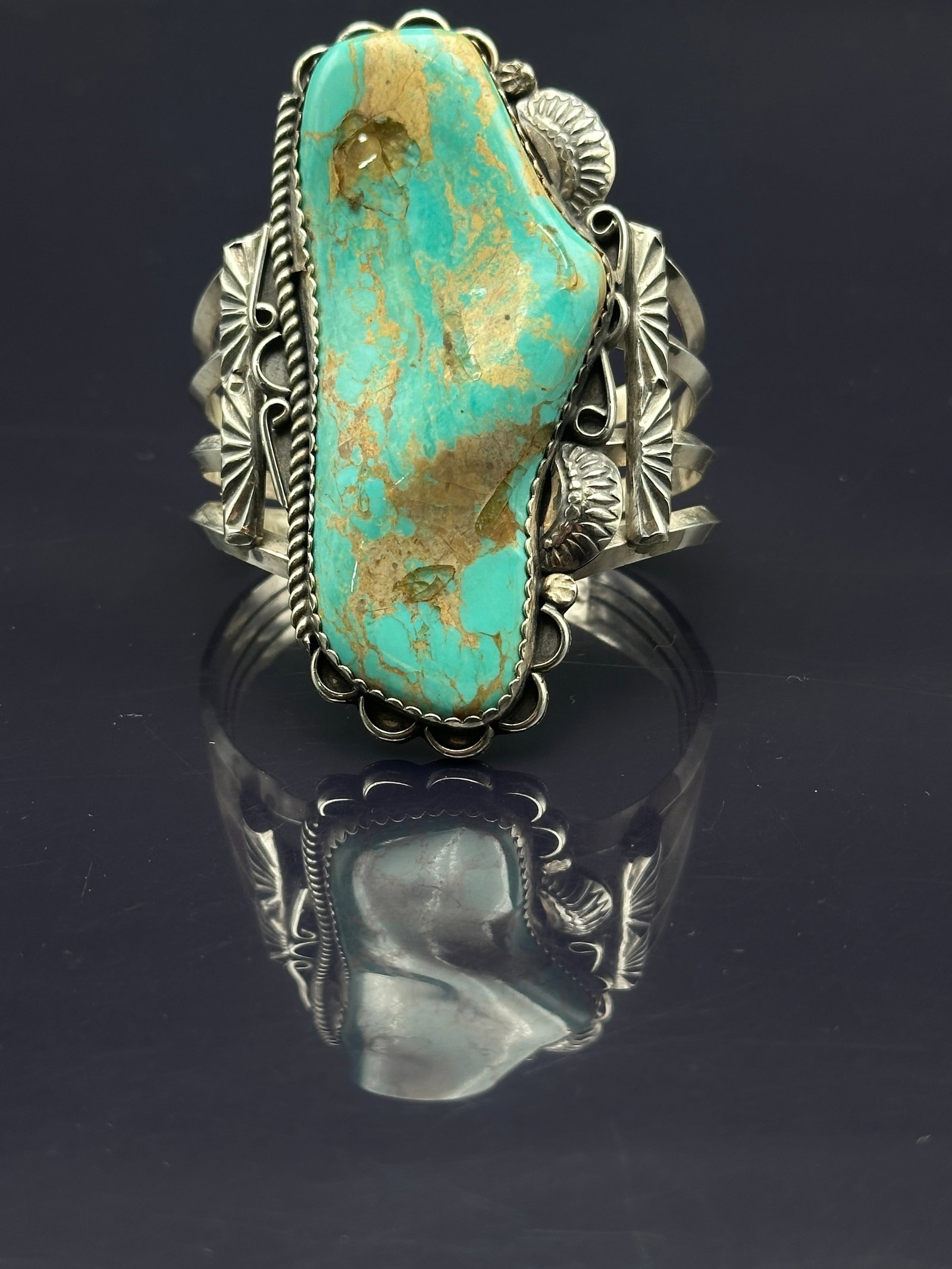 Navajo Sterling Silver Cuff Bracelet with Large Turquoise Nugget (1 of 8)