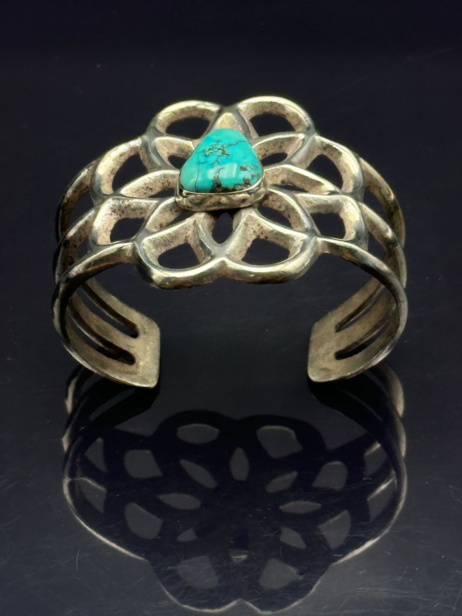 Sterling Silver Openwork Cuff Bracelet with Turquoise Stone, 56.6g (1 of 8)