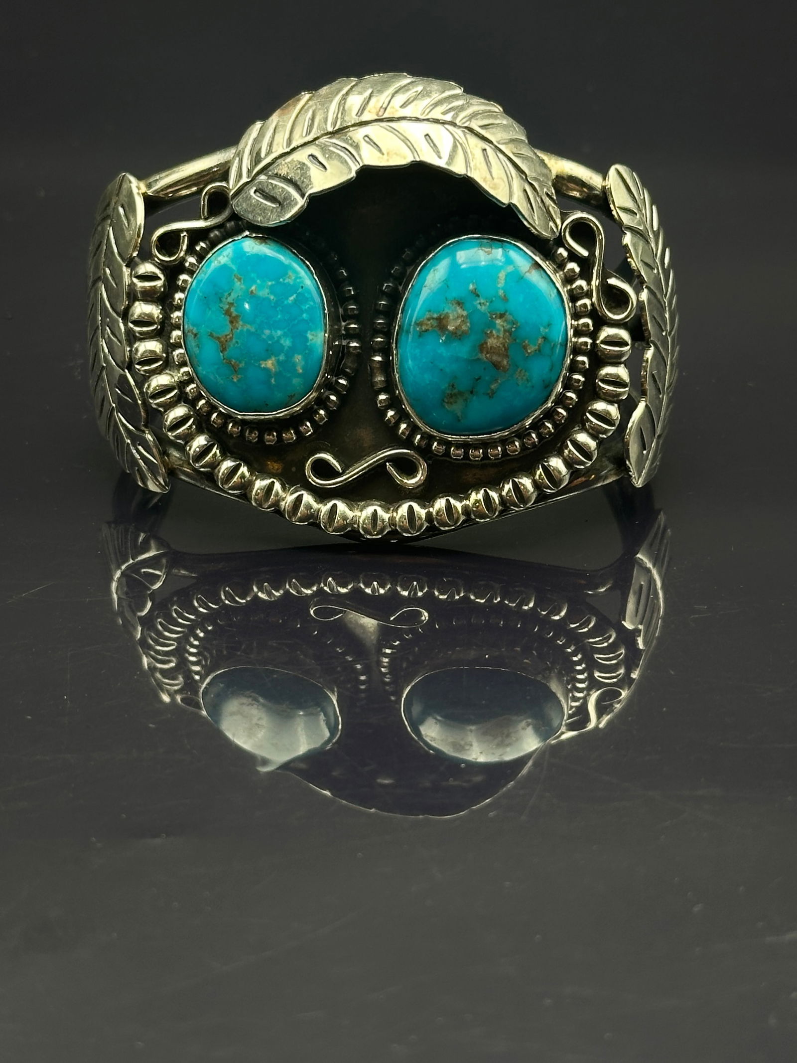 Vintage Sterling Silver Cuff Bracelet with Twin Turquoise Stones & Feather Motif, 66.3g (1 of 9)