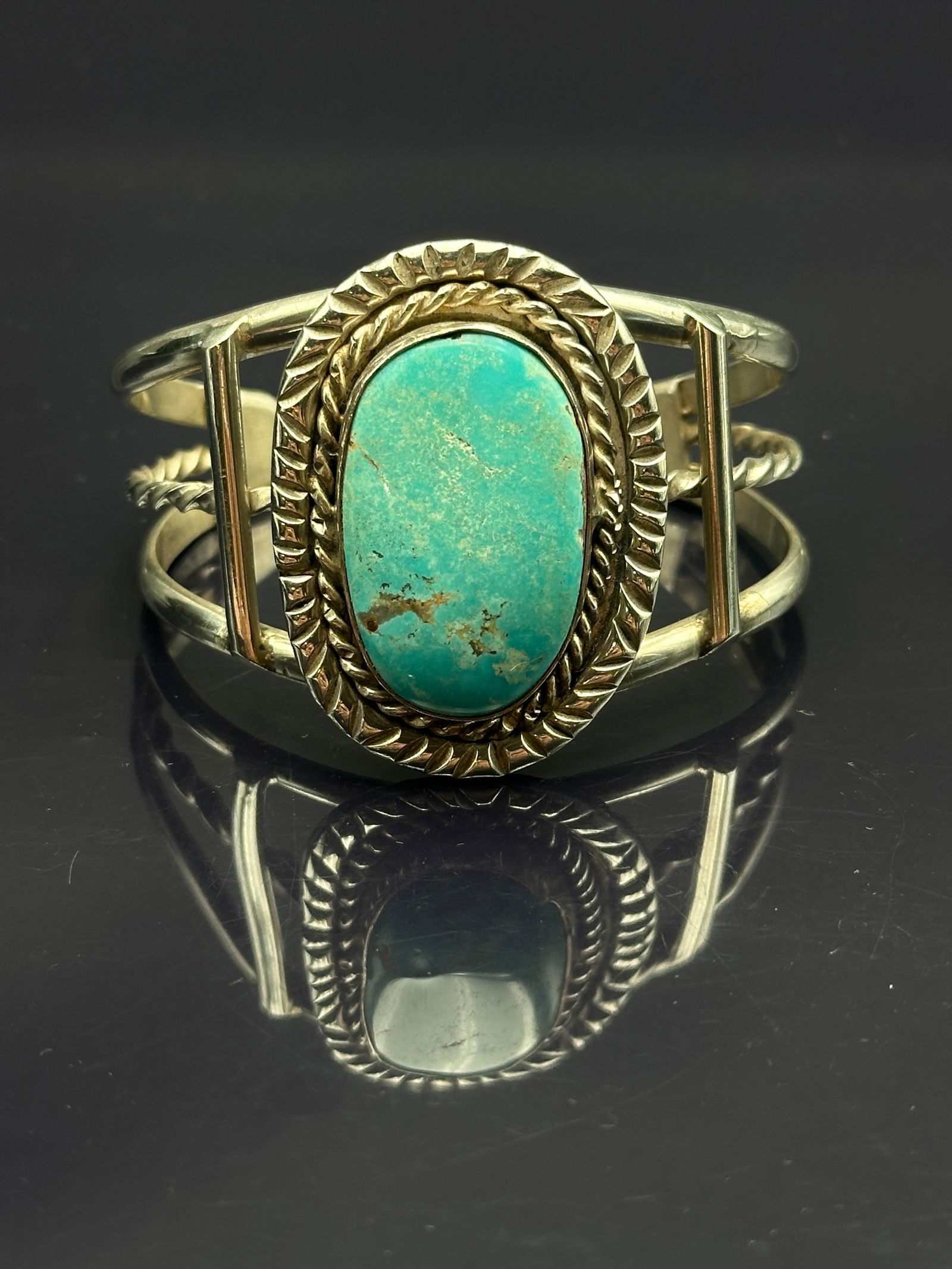 Vintage Sterling Silver Cuff Bracelet with Large Turquoise Stone, 54.1g (1 of 7)