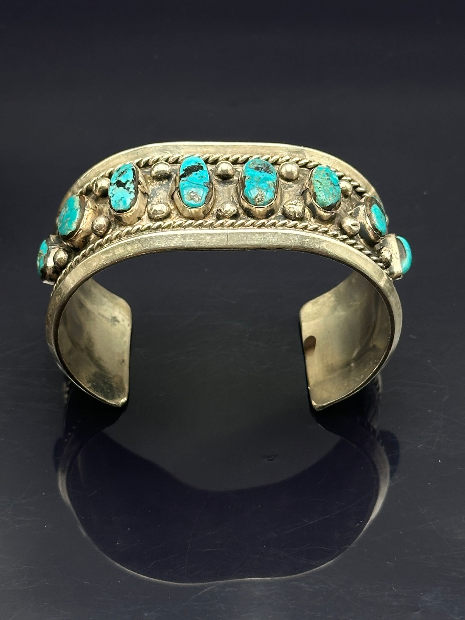 Vintage Sterling Silver Cuff Bracelet with Row of Turquoise Stones, 76.5g (1 of 7)