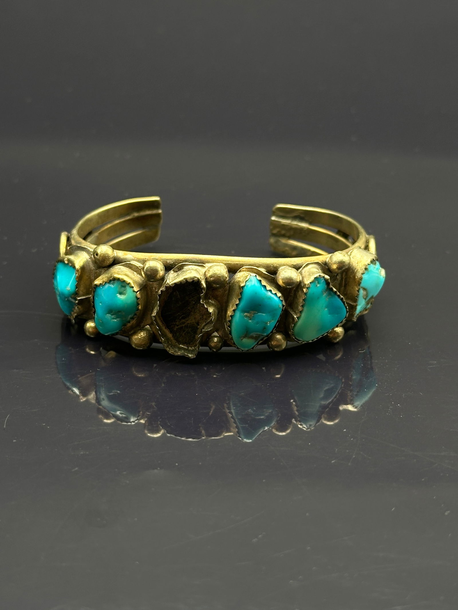 Sterling Silver Cuff Bracelet with Turquoise Stones, 44.5g (One Stone Missing) (1 of 10)